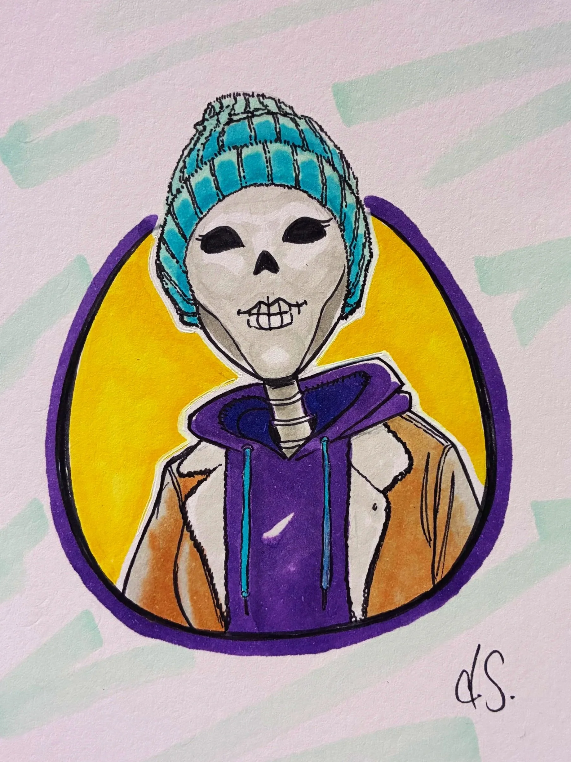Hand-drawn illustration of a skeleton woman with black eye sockets and nose, wearing a blue beanie and a purple hoodie, inside a yellow circle outlined in purple, with a light pink background featuring abstract green shapes.