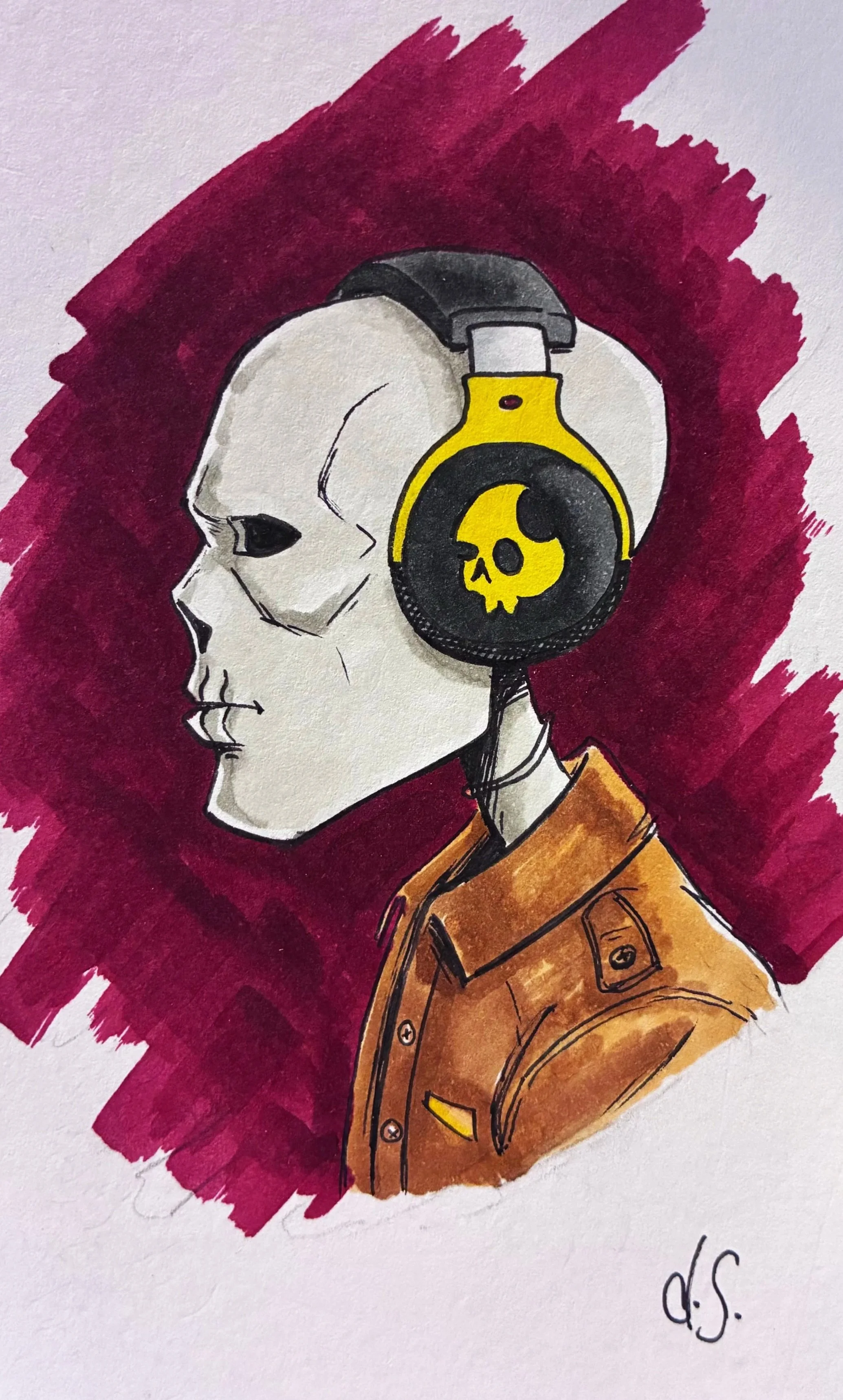 A drawing of a skeleton wearing headphones with a black and yellow skull design, and a brown collared shirt. The background is dark red with broad brushstrokes.