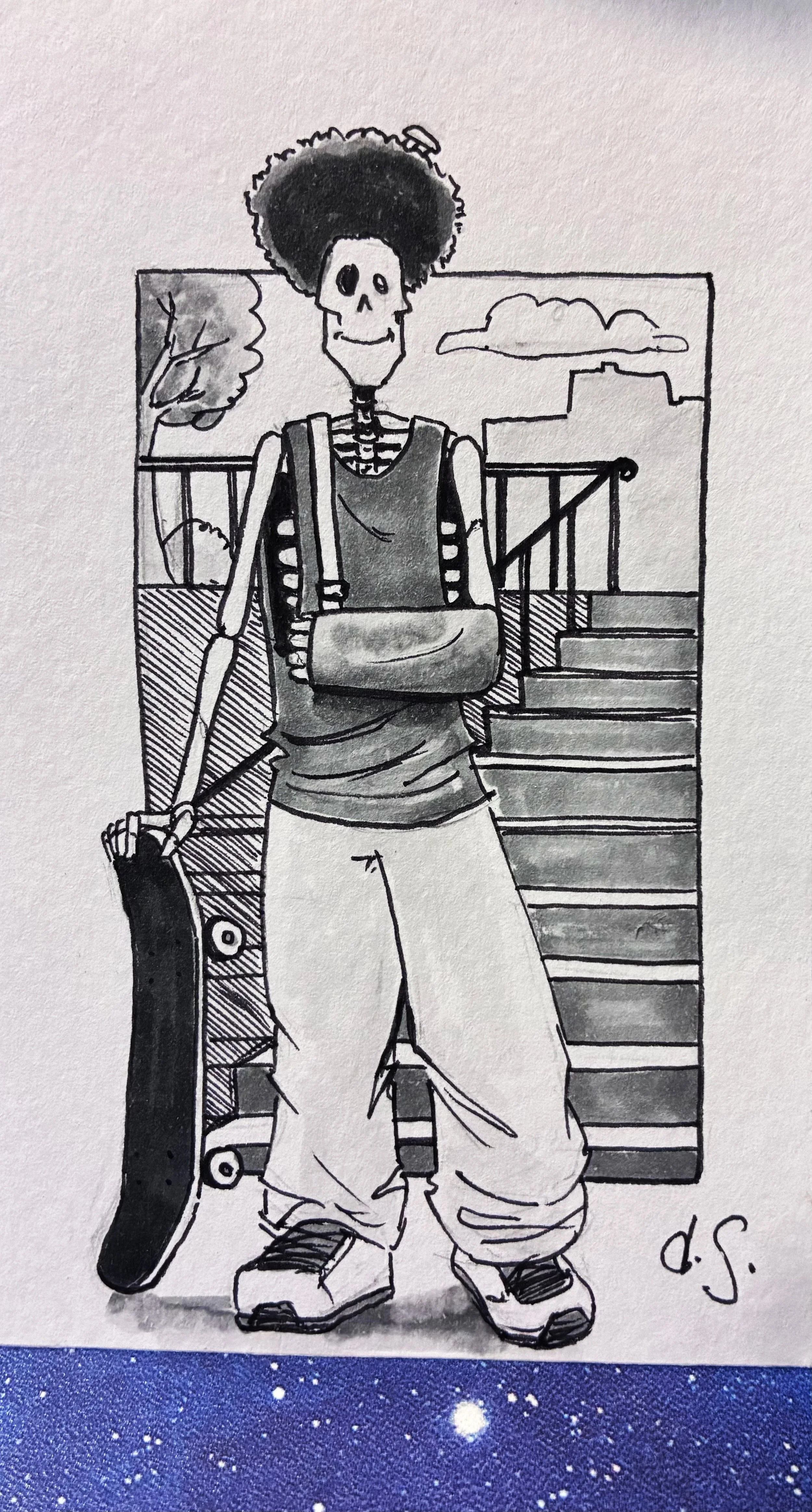 Black and white drawing of a skeleton wearing a tank top, baggy pants, and sneakers, holding a skateboard, standing outdoors with stairs, trees, and a building in the background.