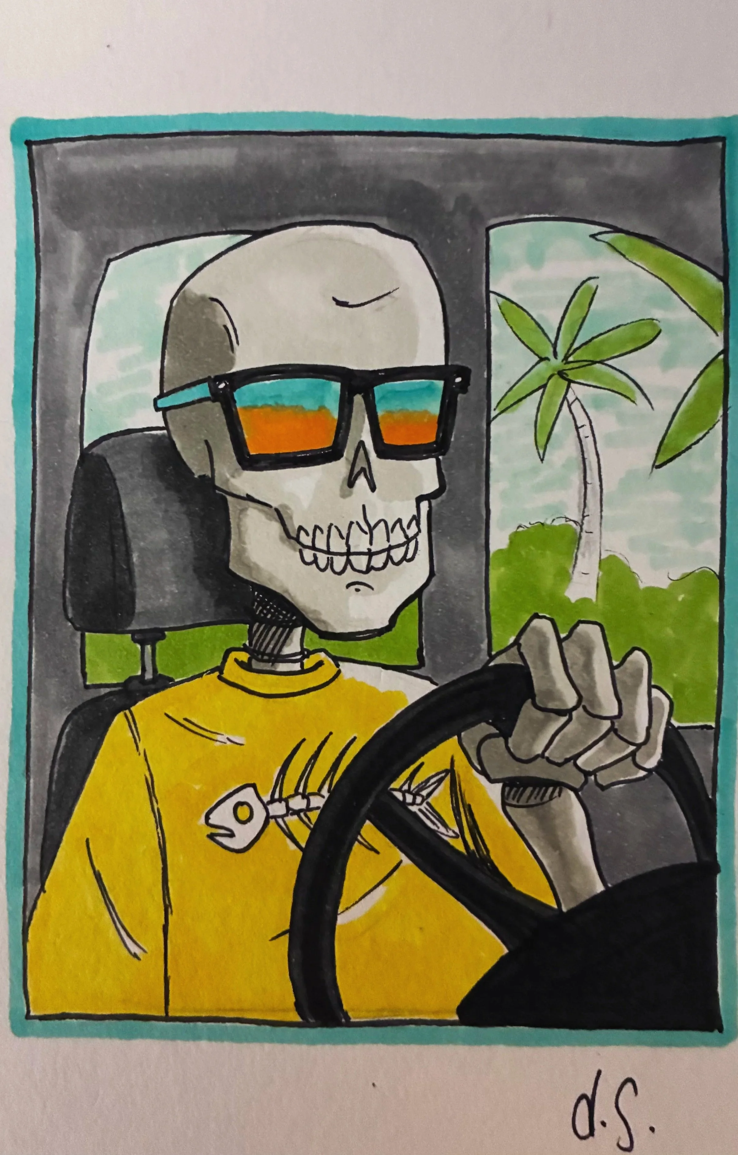 A drawing of a skeleton with sunglasses driving a car, wearing a yellow shirt with a fish skeleton design, and a background of a window showing a palm tree and green landscape.