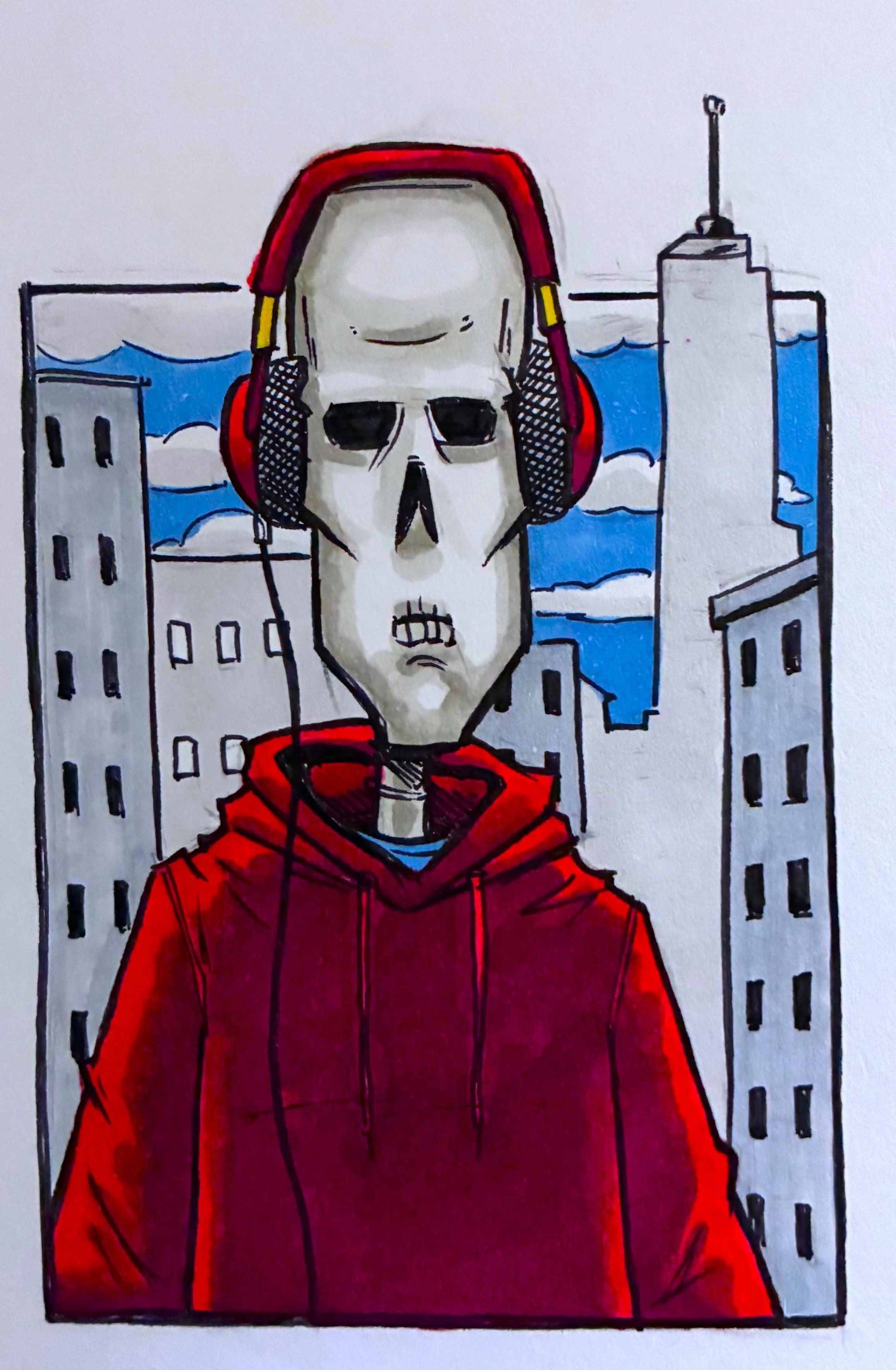 Drawing of a skeleton wearing a red hoodie and headphones with city buildings and clouds in the background.