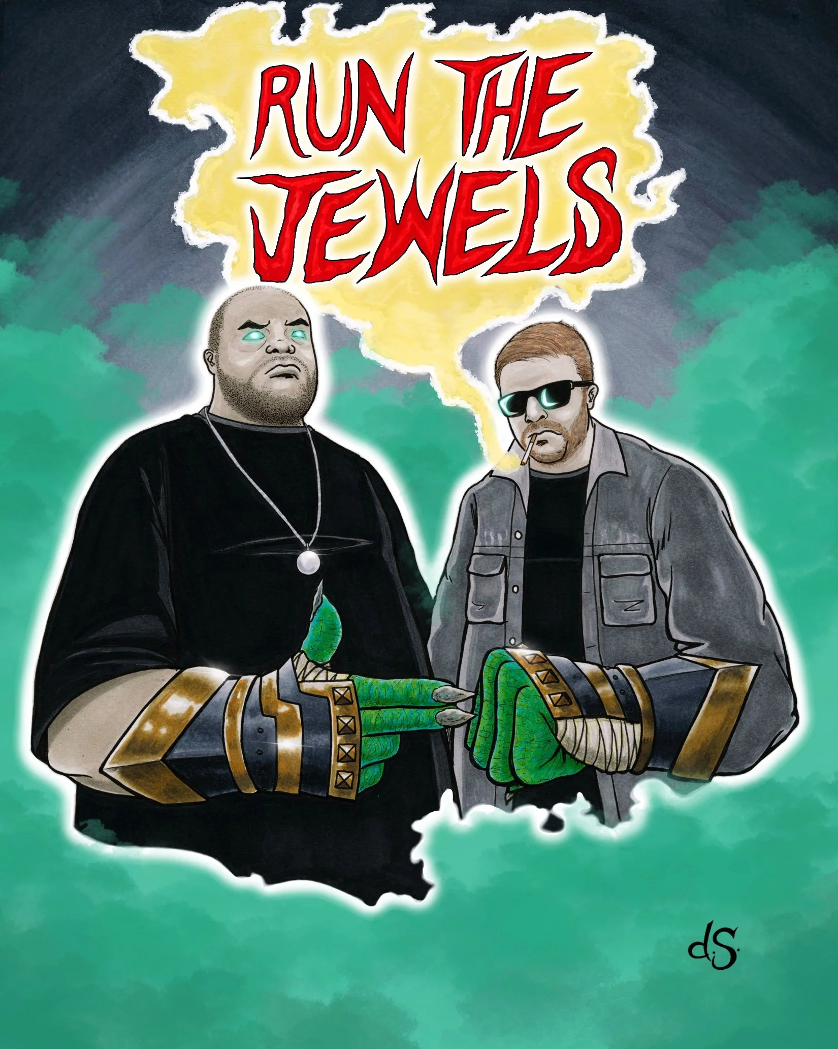 Stylized illustration of two men with glowing eyes. The man on the left is bald, bearded, and wearing a black shirt with a necklace. The man on the right has short red hair, sunglasses, and is smoking. A yellow cloud with red text saying "RUN THE JEW