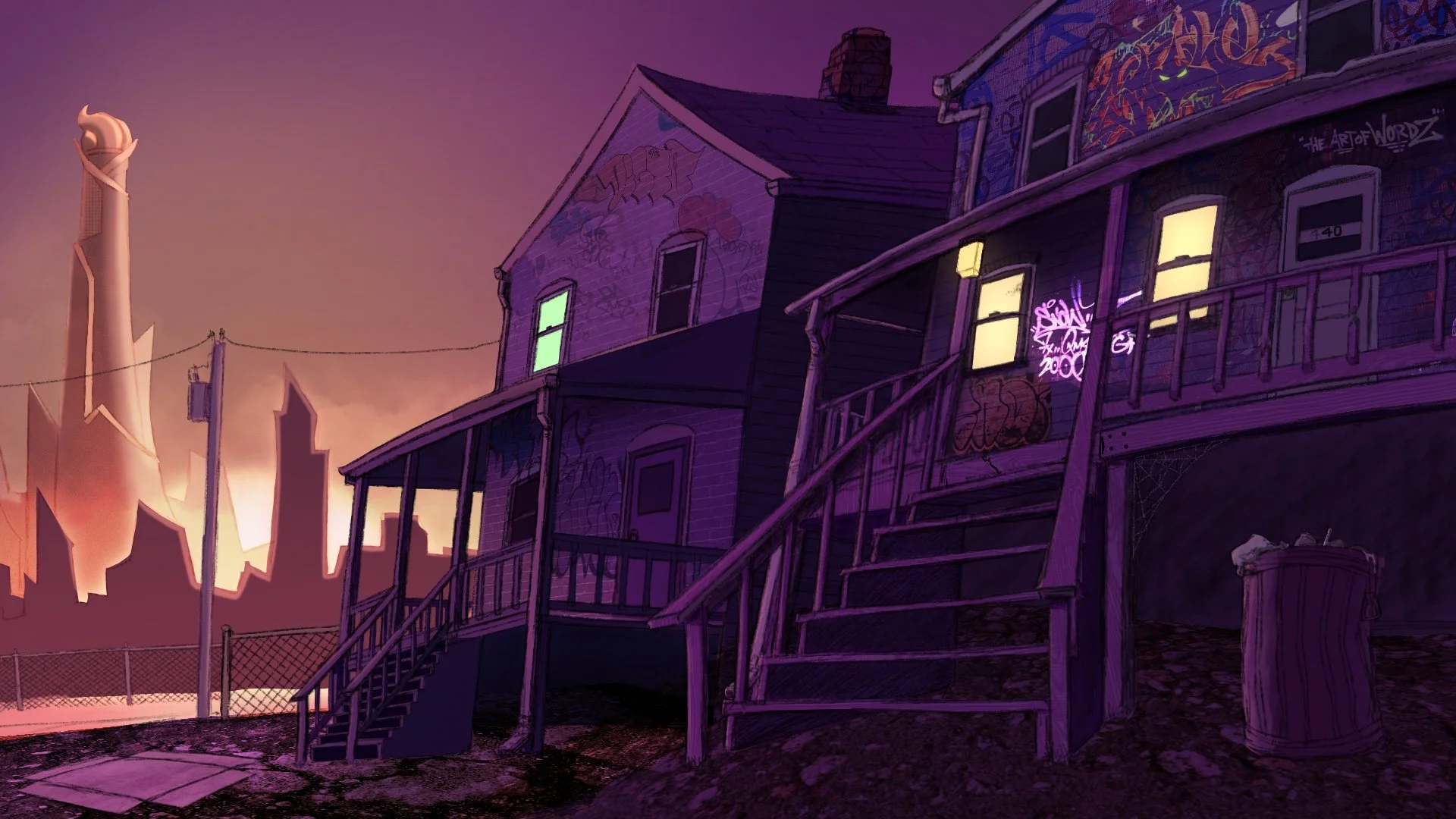 A purple sunset scene featuring graffiti-covered houses on a hill with a modern city skyline in the background.