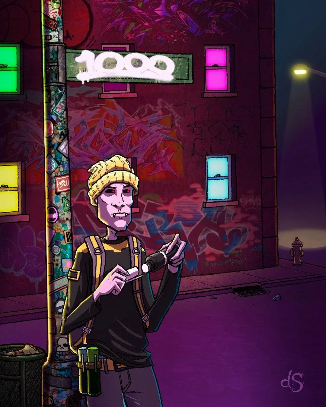 A cartoon zombie character with pale purple skin, red eyes, wearing a yellow beanie and black clothing with yellow straps, standing on a graffiti-covered city street at night. The character is holding a small flashlight. Behind them are brightly colored windows and large graffiti tags on a brick building, with a streetlamp and fire hydrant visible in the background.