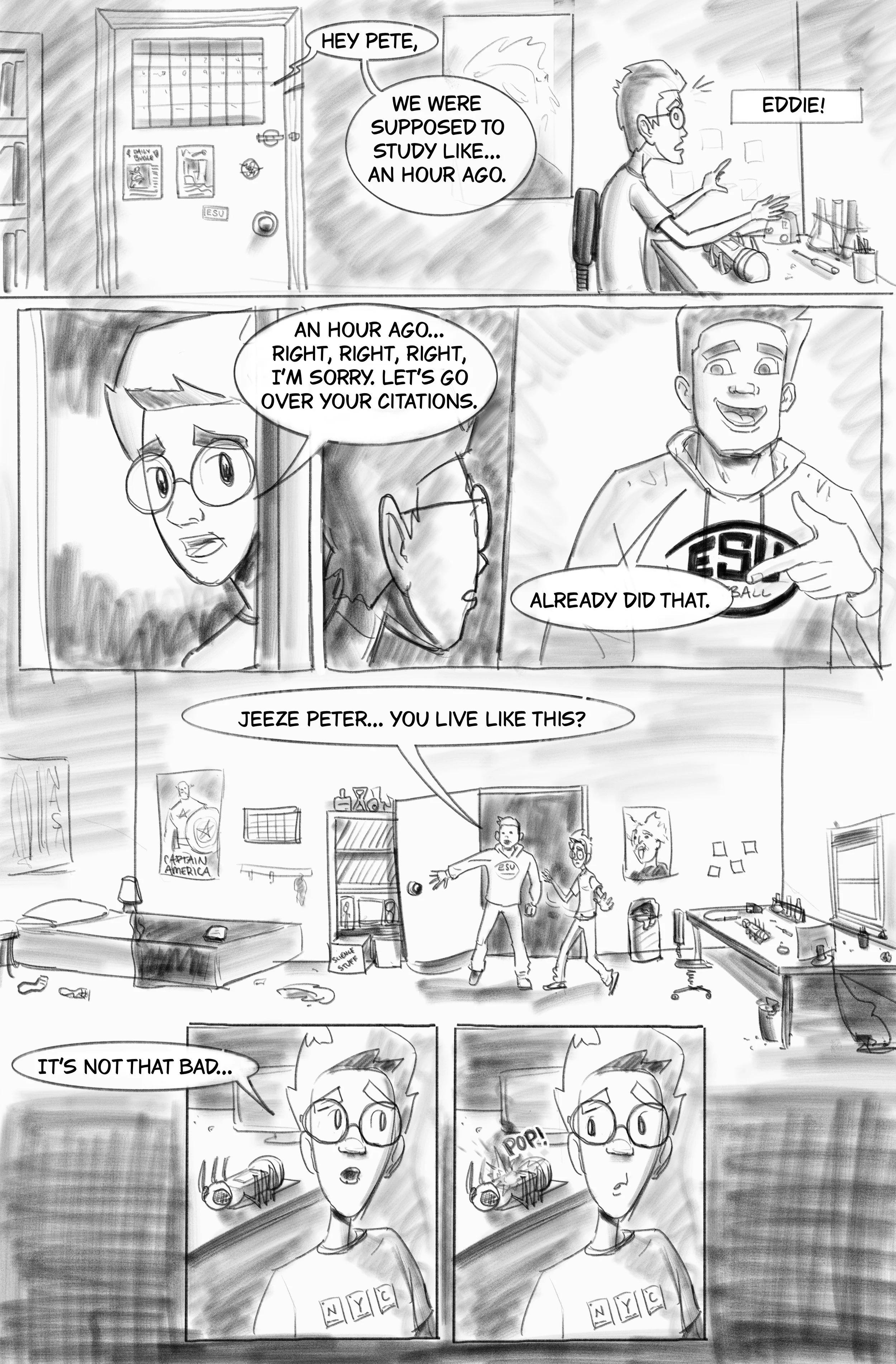 A comic strip featuring two characters talking in a cluttered room. One character is sitting at a desk with a computer, while the other is entering the room. The conversation involves studying.