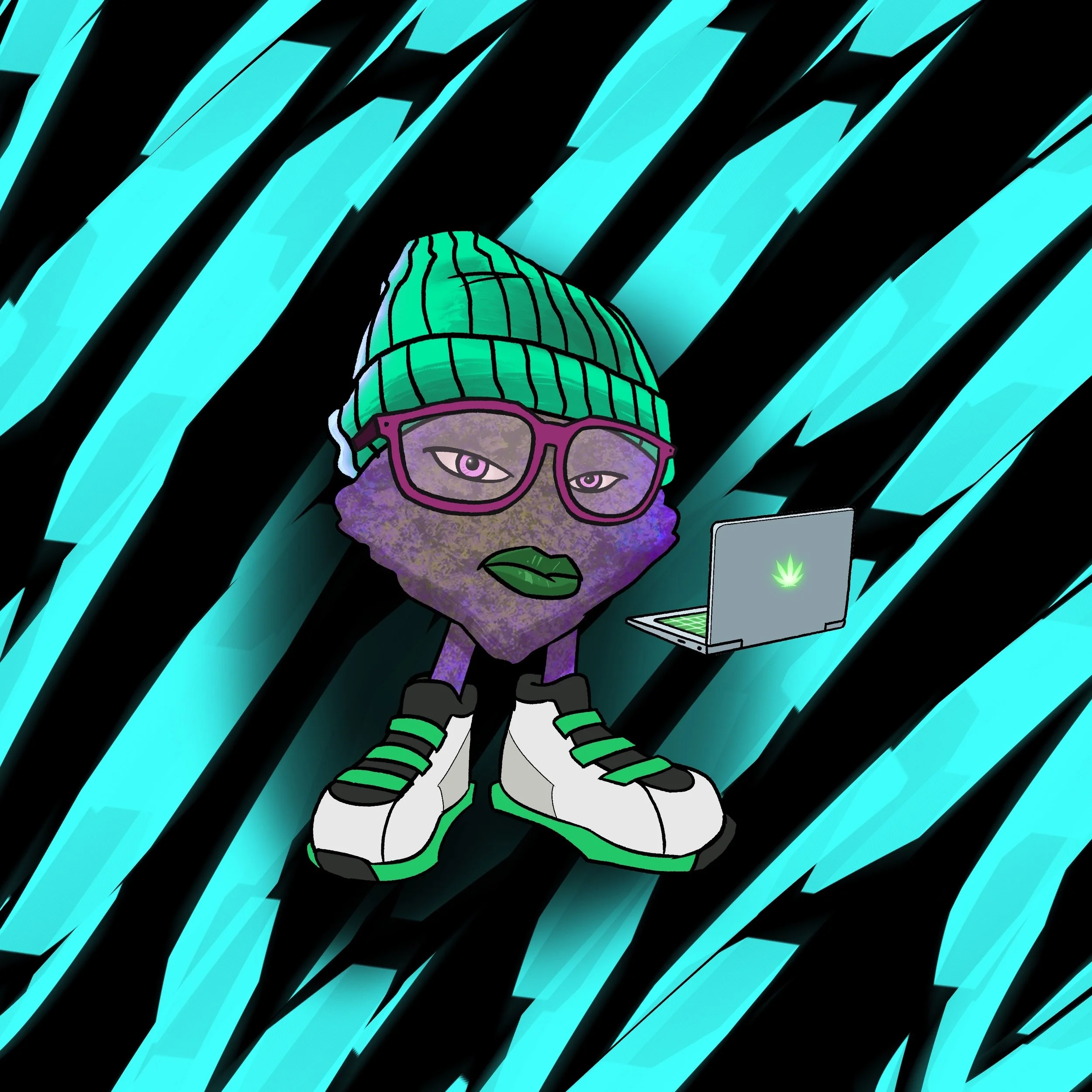 A digital illustration of a purple weed nugget, wearing glasses, a green beanie, and sneakers, sitting and using a laptop amid a vibrant, abstract, neon background with black streaks and blue highlights.