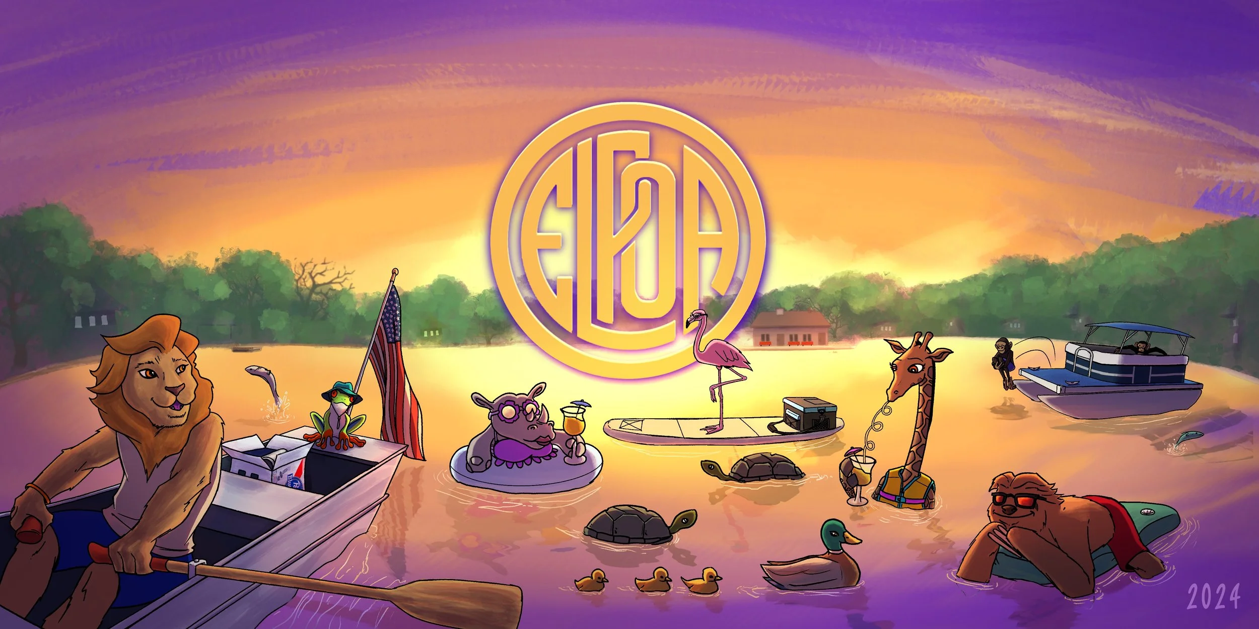  Illustrated scene of animals in boats on a lake during sunset. Animals include a lion, frog, hippo, turtle, duck, giraffe, and others, some wearing sunglasses or accessories, with clouds and trees in the distance.
