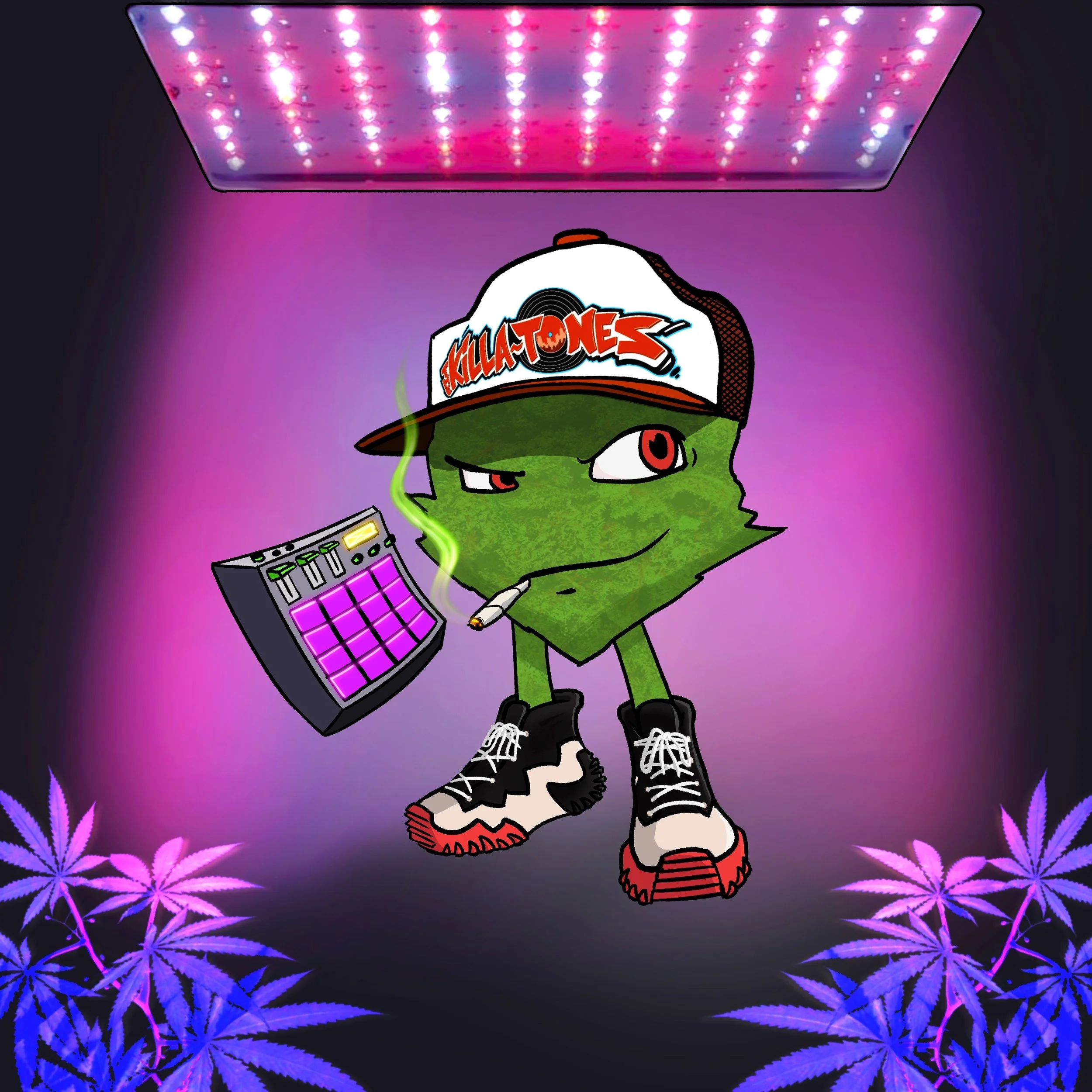 An animated character resembling a nugget of cannabis wearing a 'Killa-tones' cap, black sneakers with white laces, holding a colorful electronic music pad, surrounded by purple marijuana leaves, with purple and pink lighting in the background.