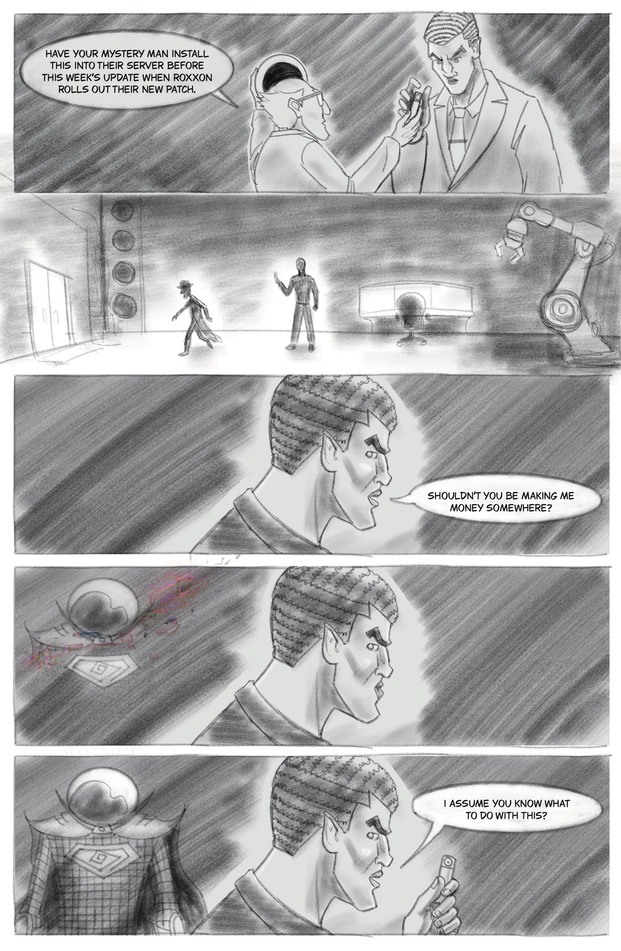 Black and white comic strip showing a man and a woman having a conversation about hacking, with a sci-fi laboratory setting in the background. The woman instructs to install a mystery man into a server before an update, then a villain appears.