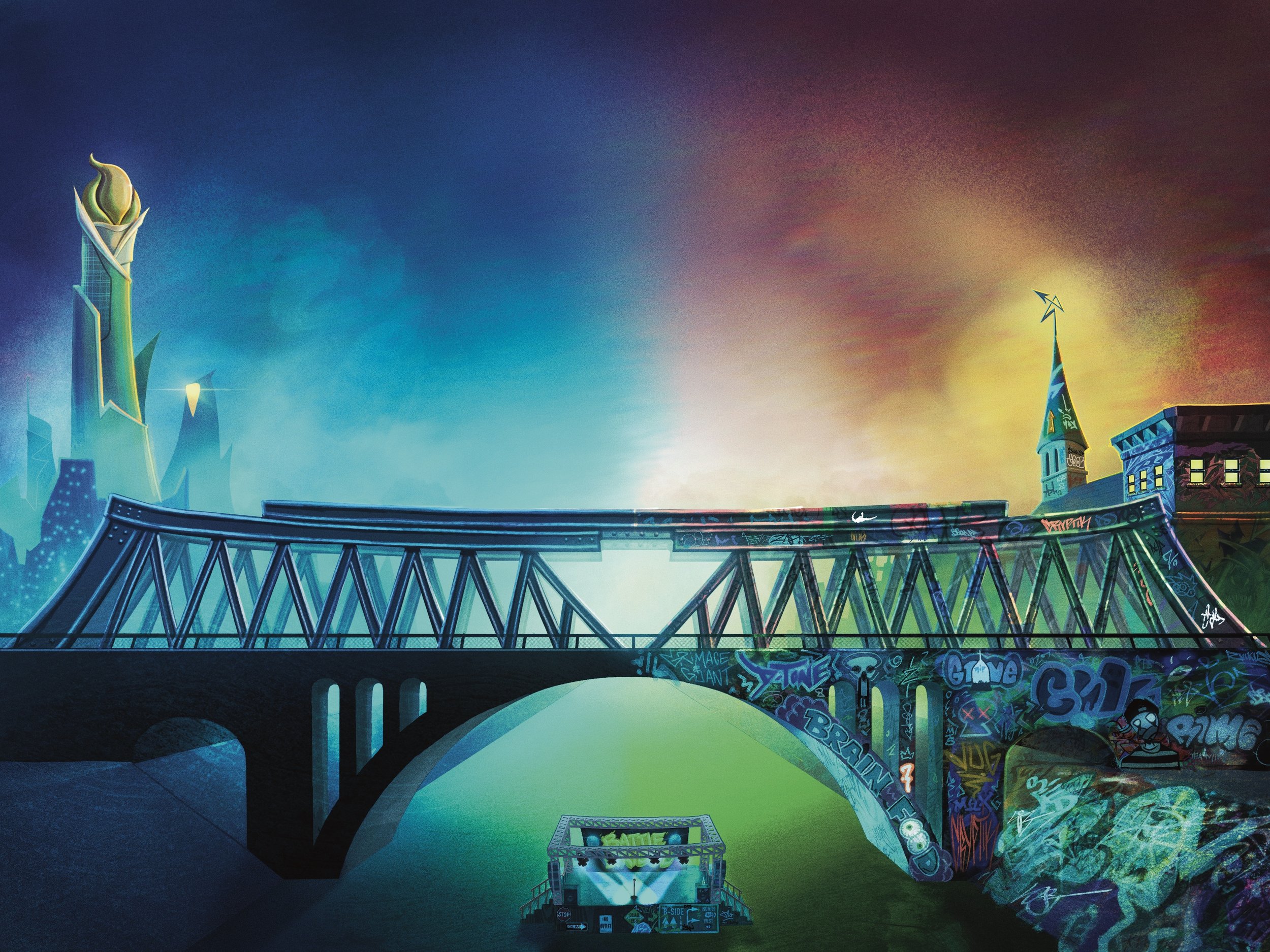 A colorful mural depicting a bridge and towers at night, illuminated with graffiti art and vibrant lighting.