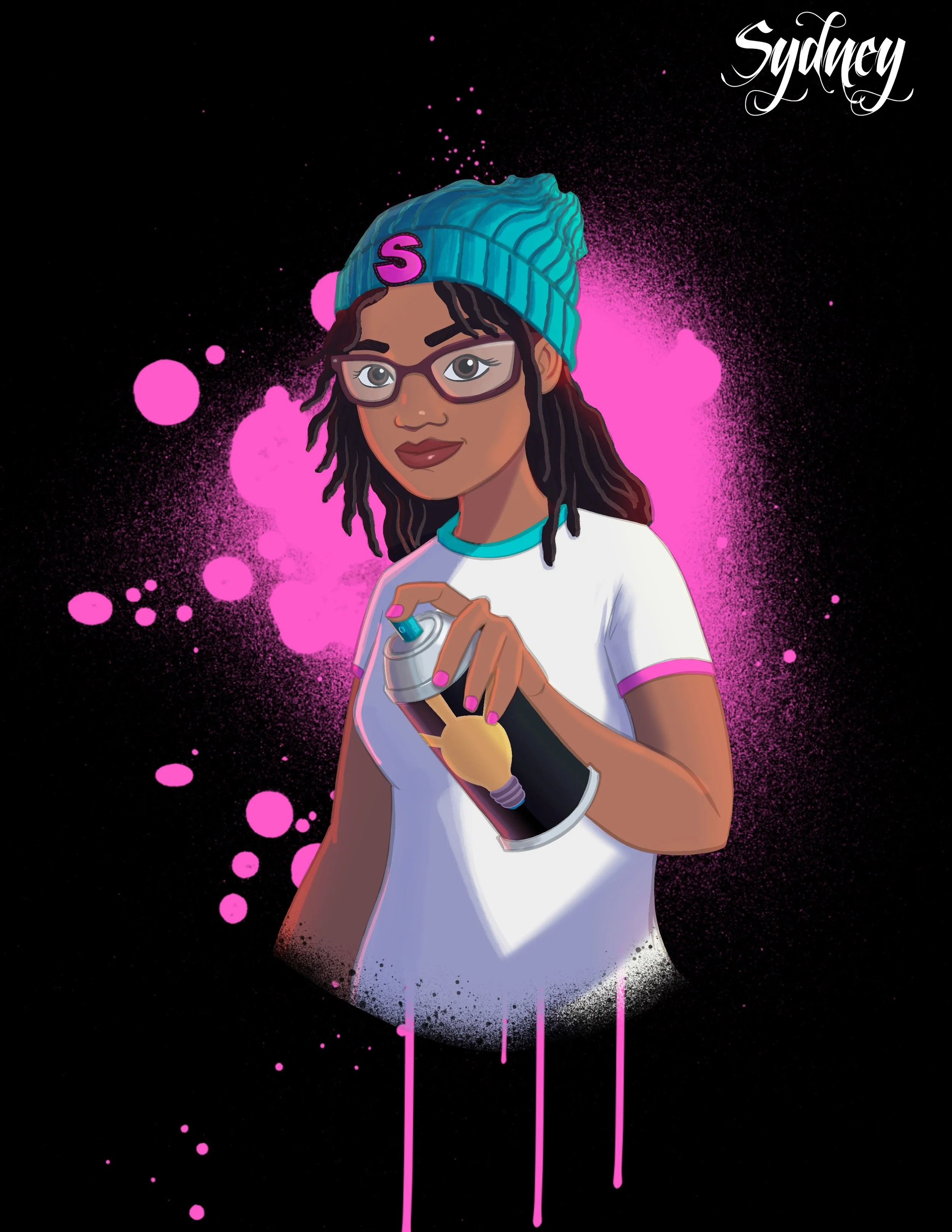 Digital illustration of a young woman with glasses and dreadlocks, wearing a blue beanie with a purple 'S' and holding a spray paint can, with pink spray and paint drips against a black background, labeled 'Sydney' in cursive at the top right.