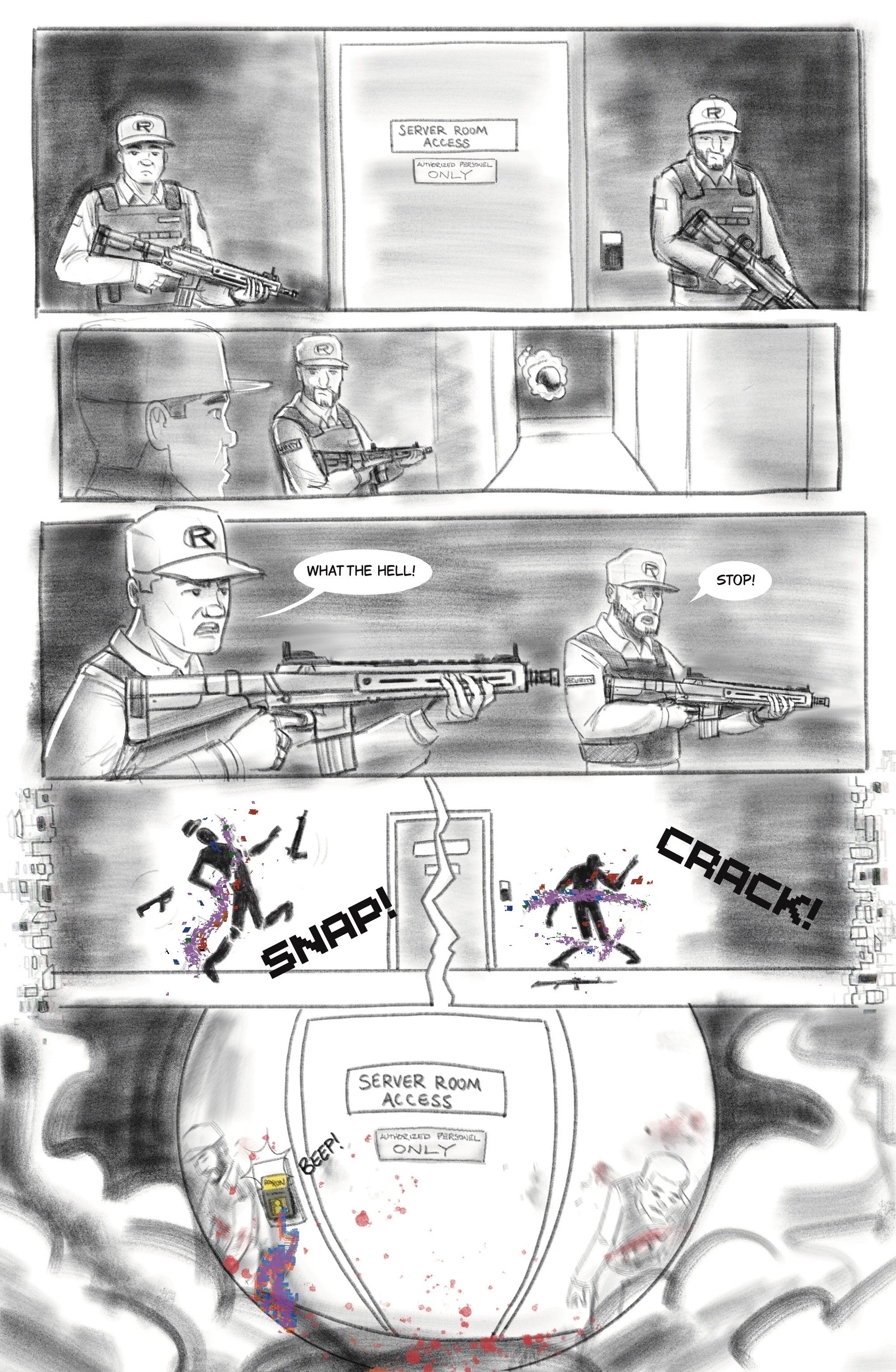 Black and white comic strip showing armed security guards standing outside a server room. The guards are alert and holding rifles. In the next panel, a guard enters the server room and is shot. The final panel depicts the dead guard with blood splattered, the server room door swinging open, and an alarm sounding.