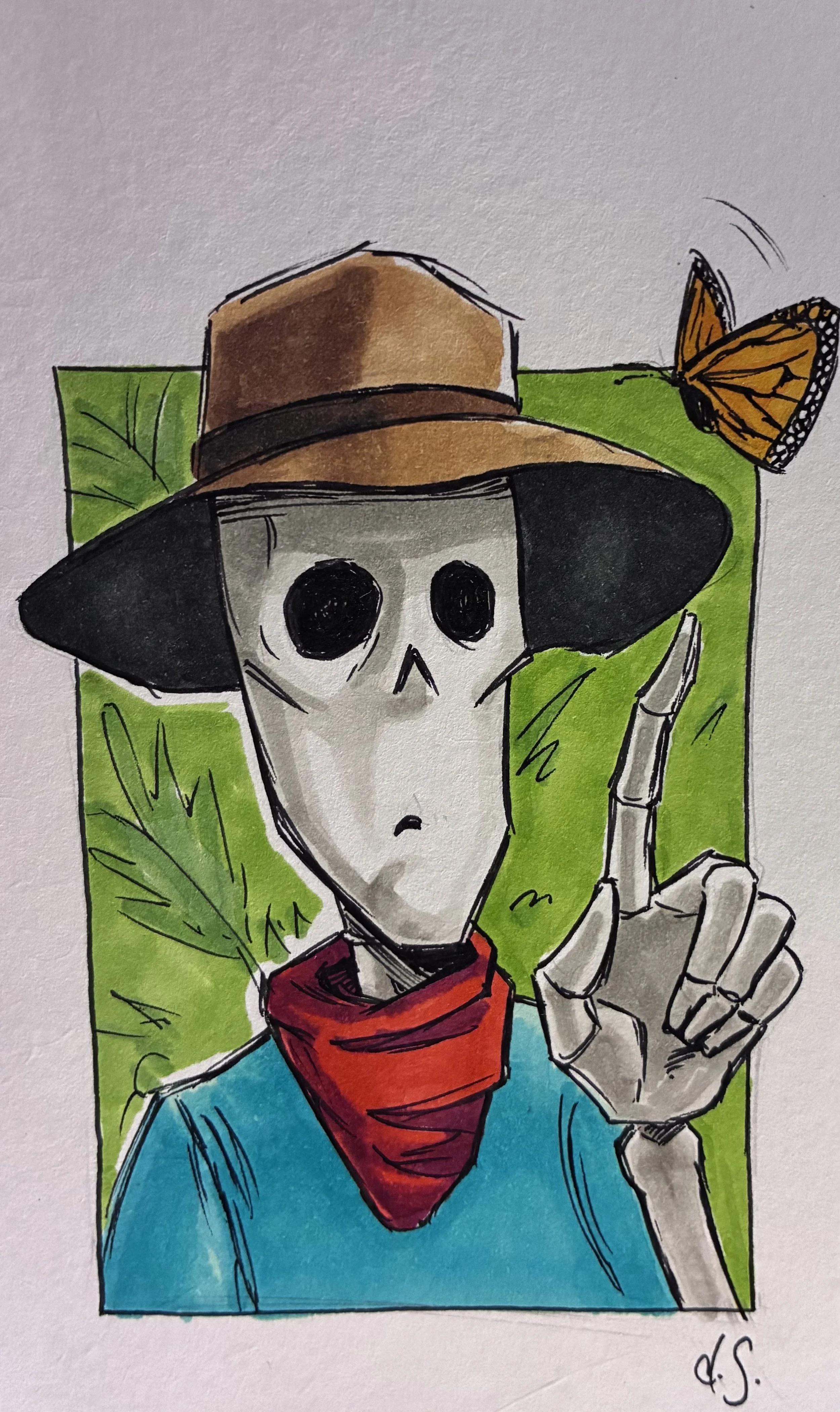 Cartoon skeleton wearing a cowboy hat, red bandana, and blue shirt, poking a butterfly with its finger against a green background with grass.