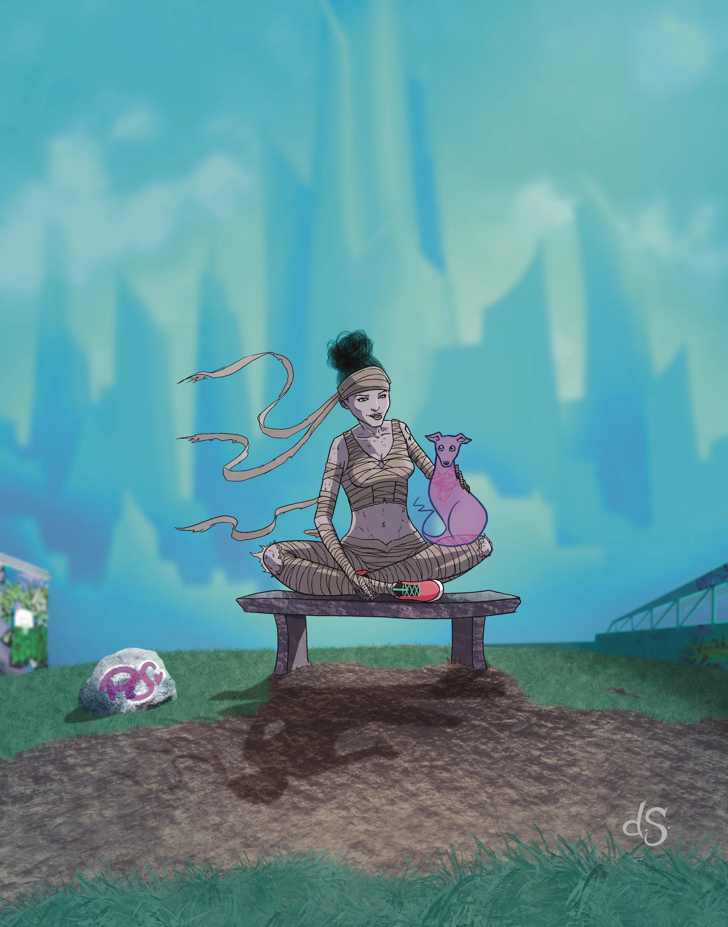 Illustration of a mummy woman sitting cross-legged on a bench with a ghost dog, under a blue sky with clouds and a city in the background.