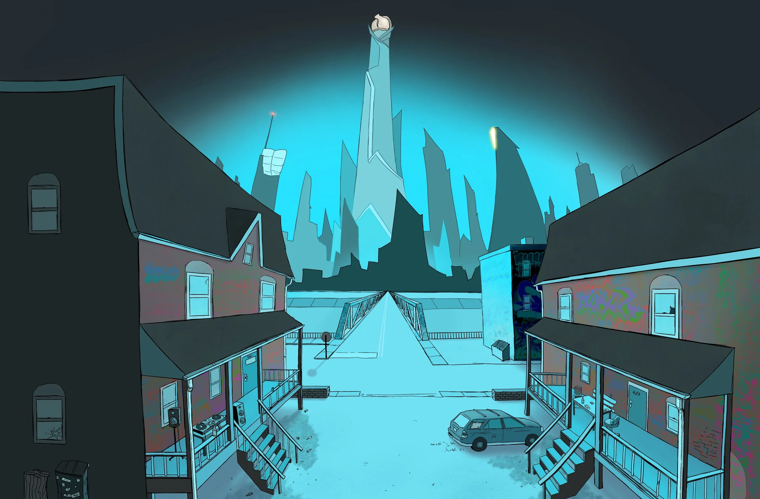 A digitally illustrated urban alleyway at night with tall, futuristic skyscrapers in the background. The alley is flanked by residential buildings with graffitied walls, balconies, and a bridge. There are parked cars and a few street lamps illuminati
