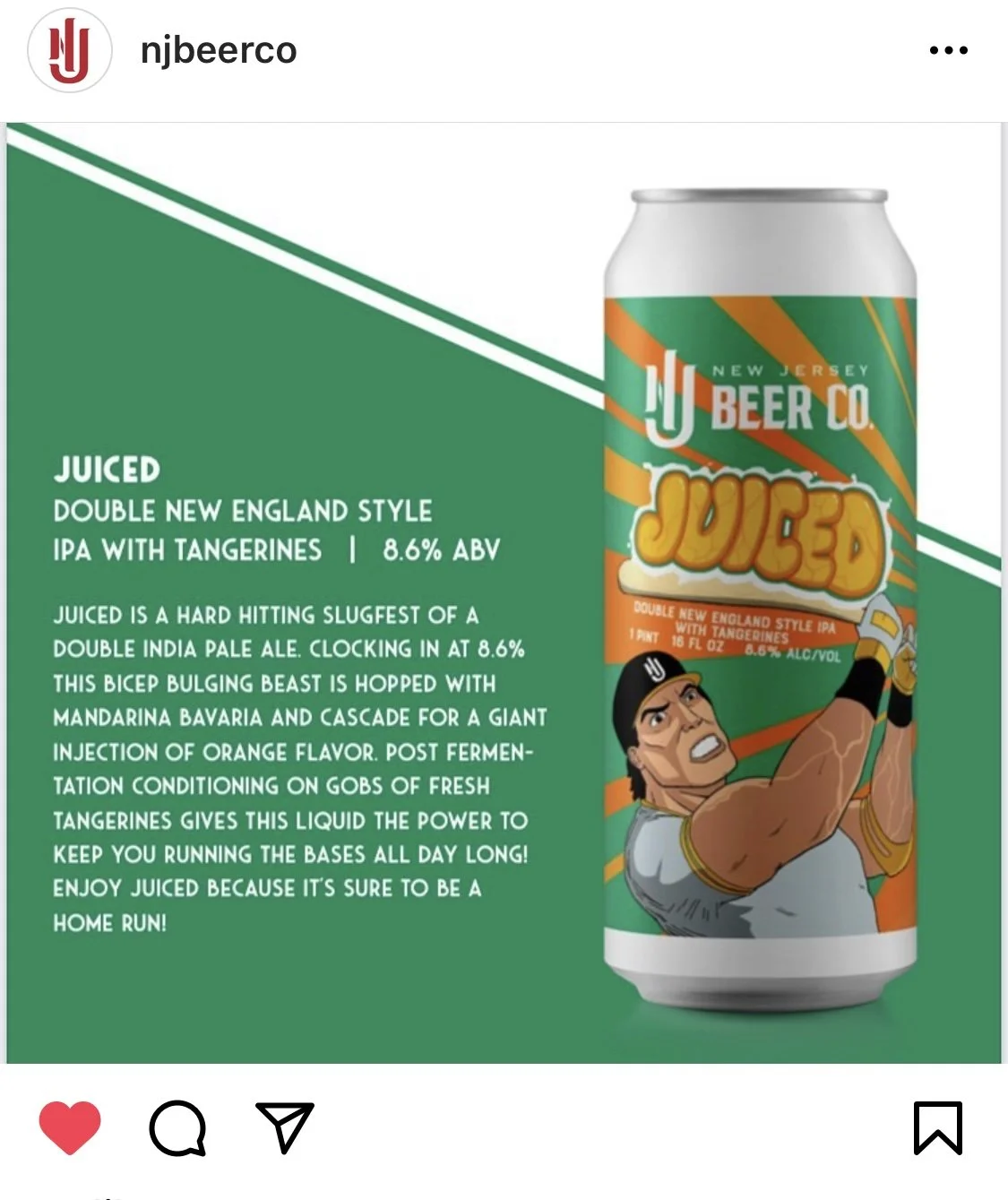 A can of New Jersey Beer Co.'s Juiced, an 8.6% ABV double New England style IPA with tangerines. The can features colorful diagonal stripes and a muscular cartoon character swinging a baseball bat.