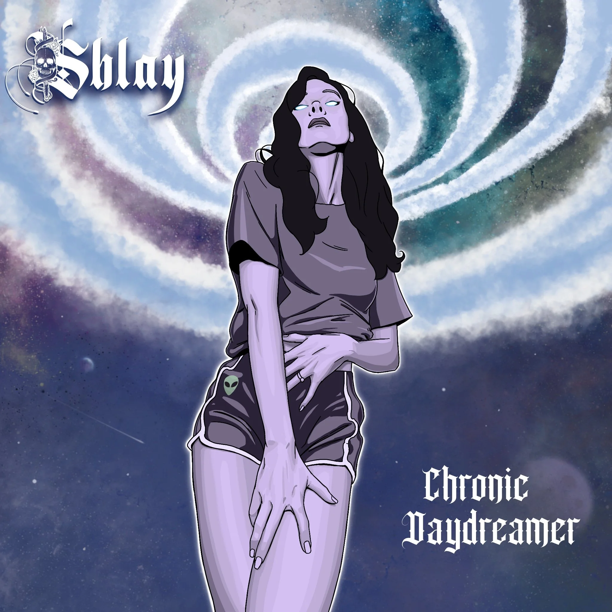 An illustration of a purple-skinned woman with long black hair against a cosmic background with spiral galaxy patterns. There is a stylized text that reads 'Shlay' at the top left and 'Chronic Daydream' at the bottom right.