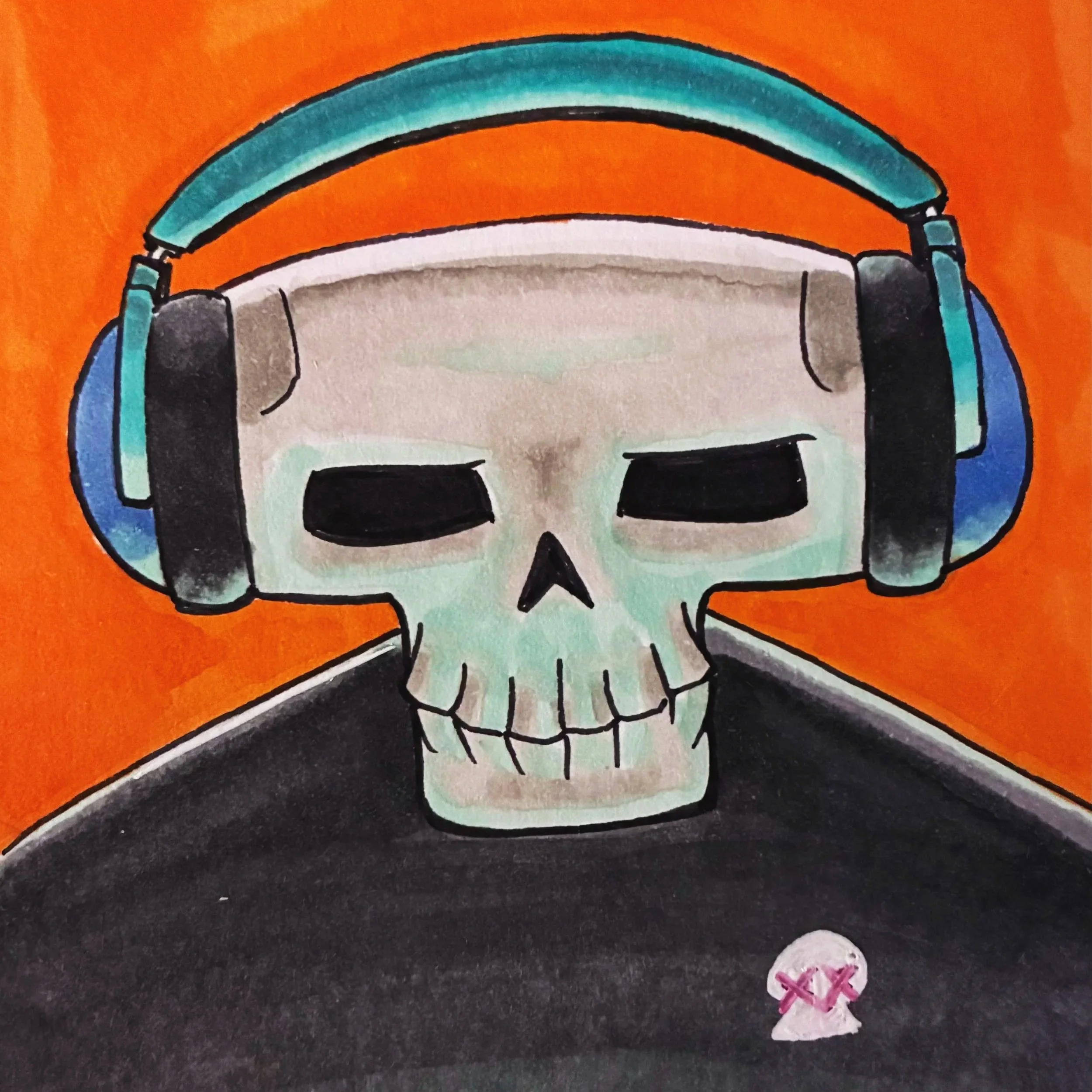 Artwork of a stylized skull face wearing headphones, and a black shirt with a skull on it against an orange background.