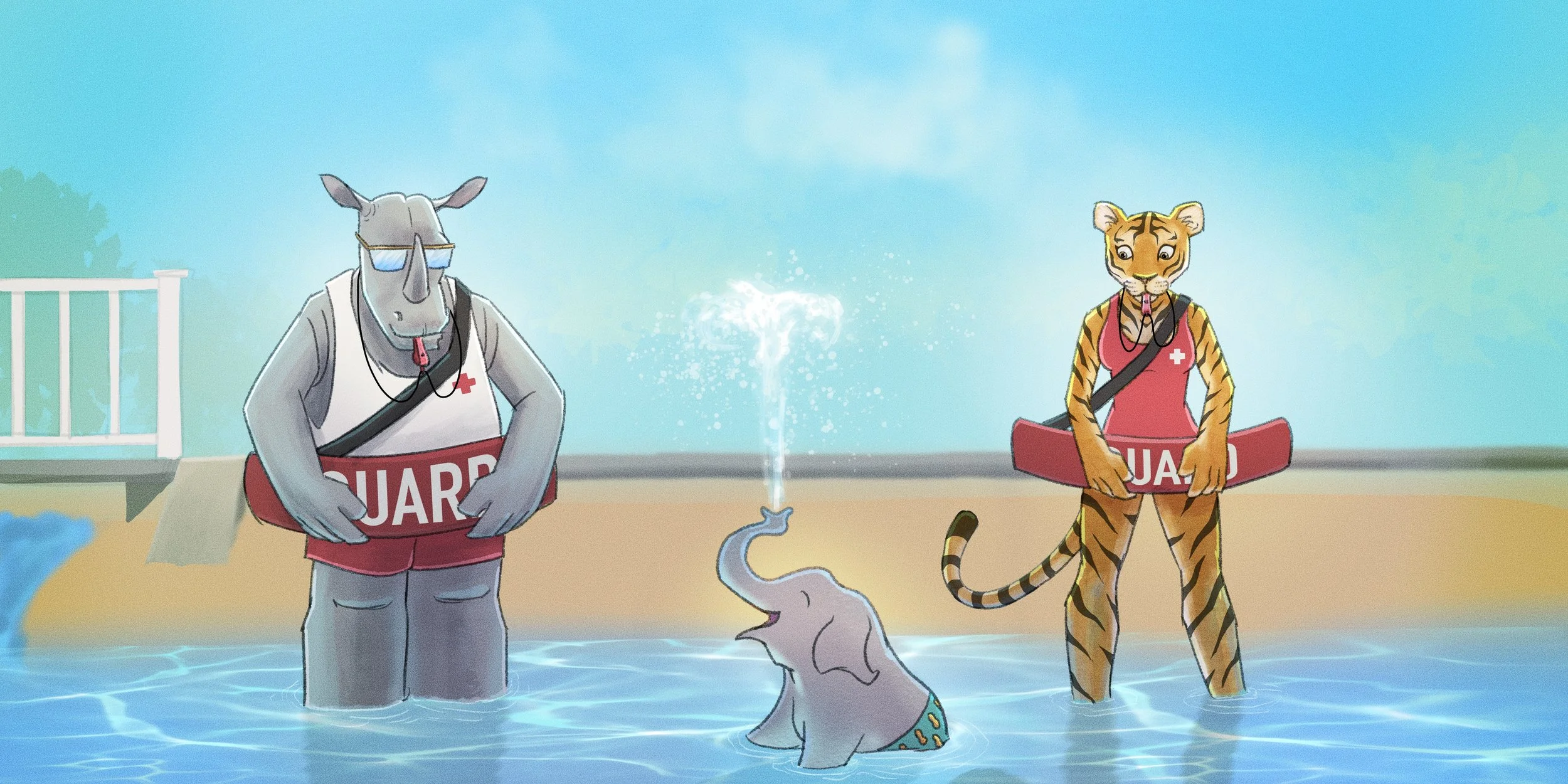 Illustrated image of a rhino and a tiger dressed as lifeguards, and a small elephant playing in water.