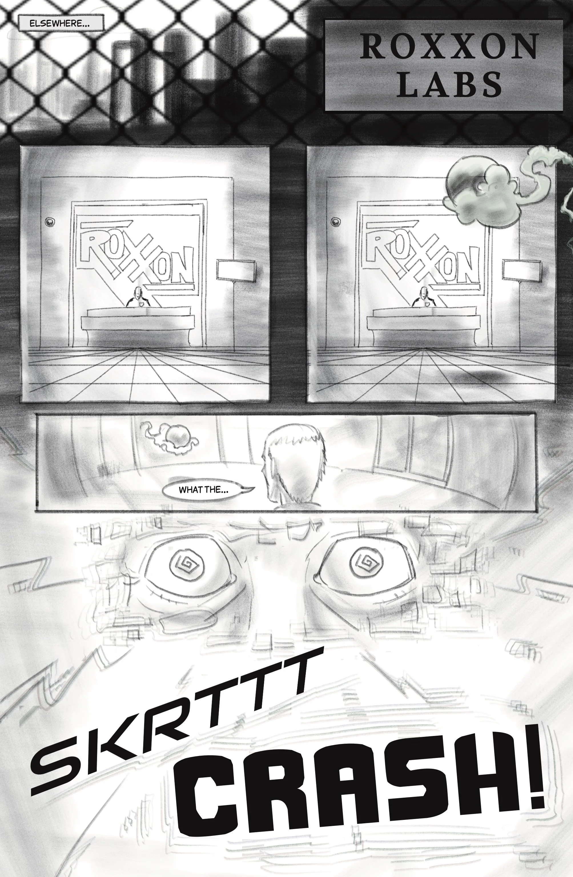 Black and white comic-style illustration of a scene at Roxxon Labs with a person at a reception desk, a large sign reading 'ROXXON LABS,' and the word 'CRASH' displayed in large letters with action effects and sound effects.