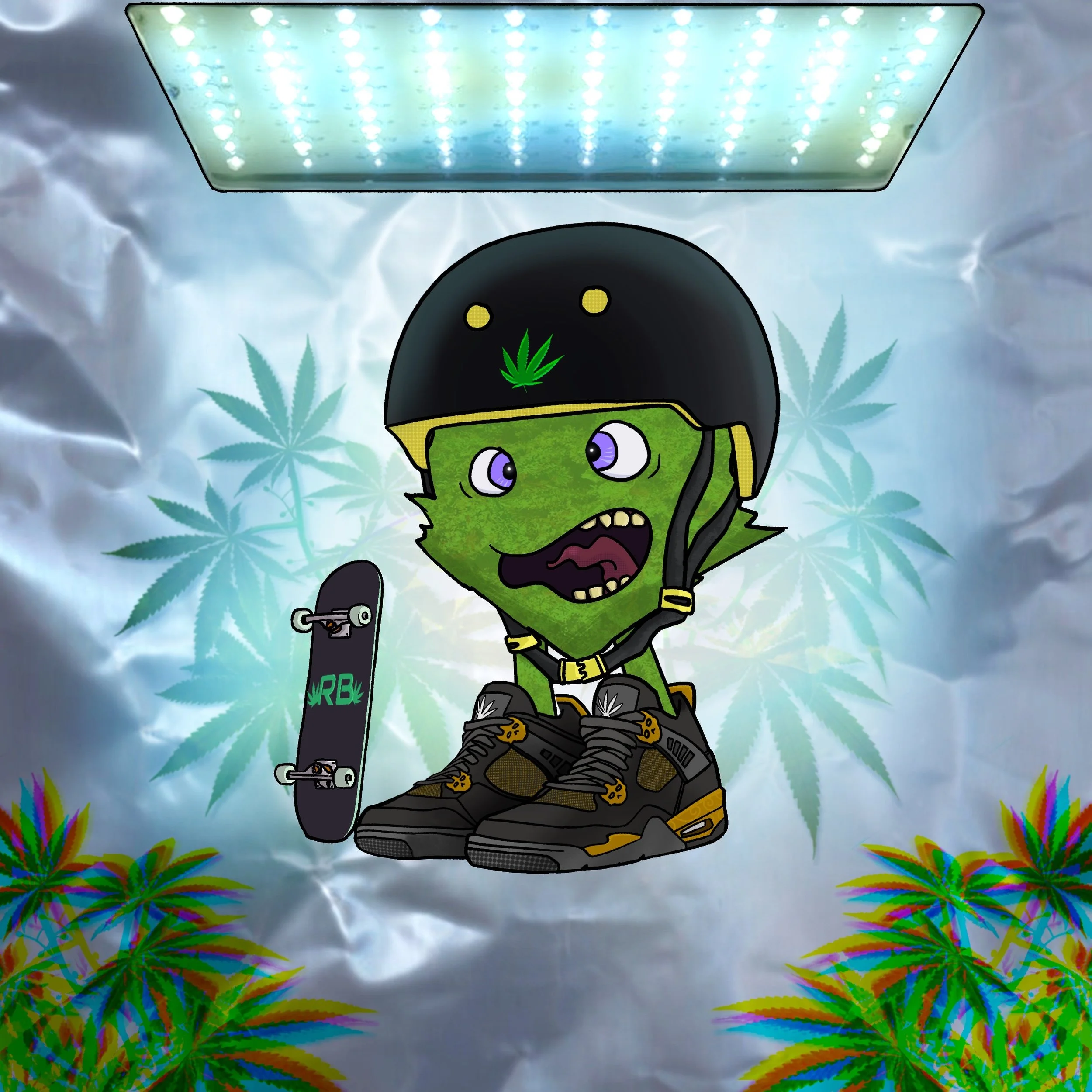 A cartoon character with big eyes, wearing a black helmet with a marijuana leaf emblem, a green face, and sneakers with a skateboard. The background features a tie-dye pattern with marijuana leaves and rainbow-colored foliage along the bottom.