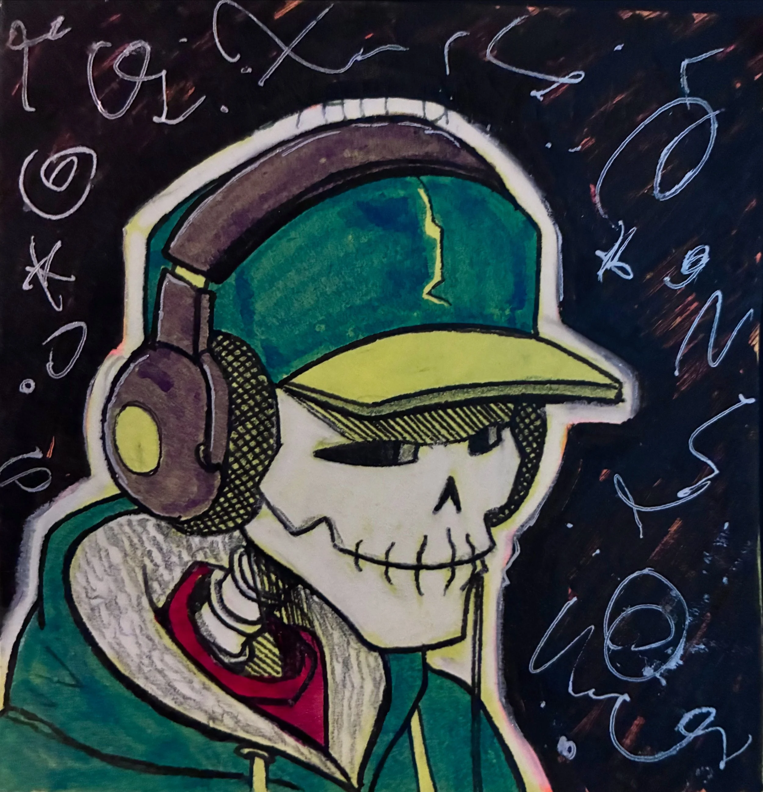 A colorful illustration of a skull with bright colors including green, yellow, red, and purple, on a dark background with white handwritten-style text swirling around it.