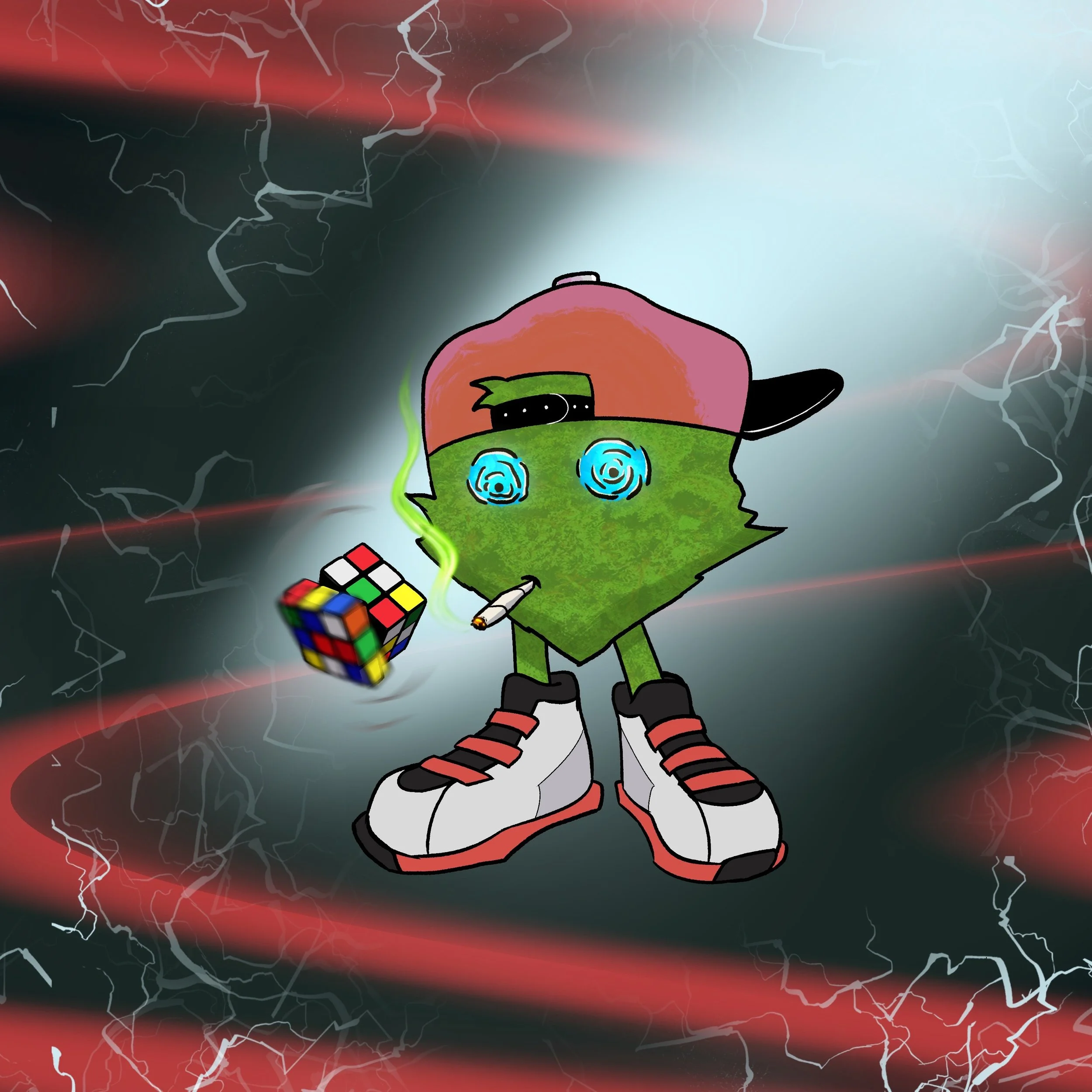 Animated cartoon character wearing a baseball cap and sneakers, with a Rubik's Cube and a lit joint, set against a background of lightning and stormy weather.