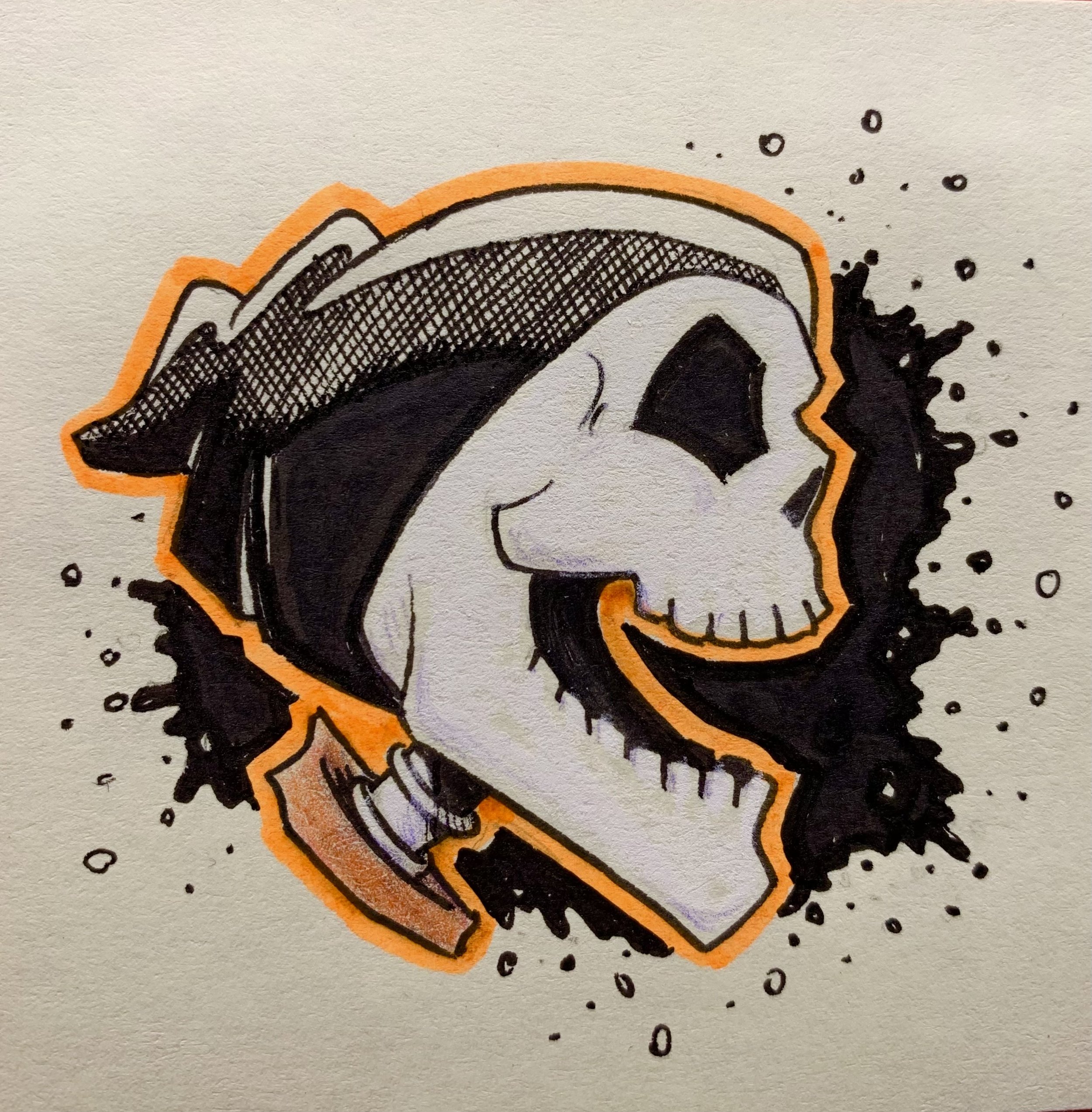 Close-up of a hand-drawn illustration of a skull with surrounding black ink splatters, orange outline, and black shading.