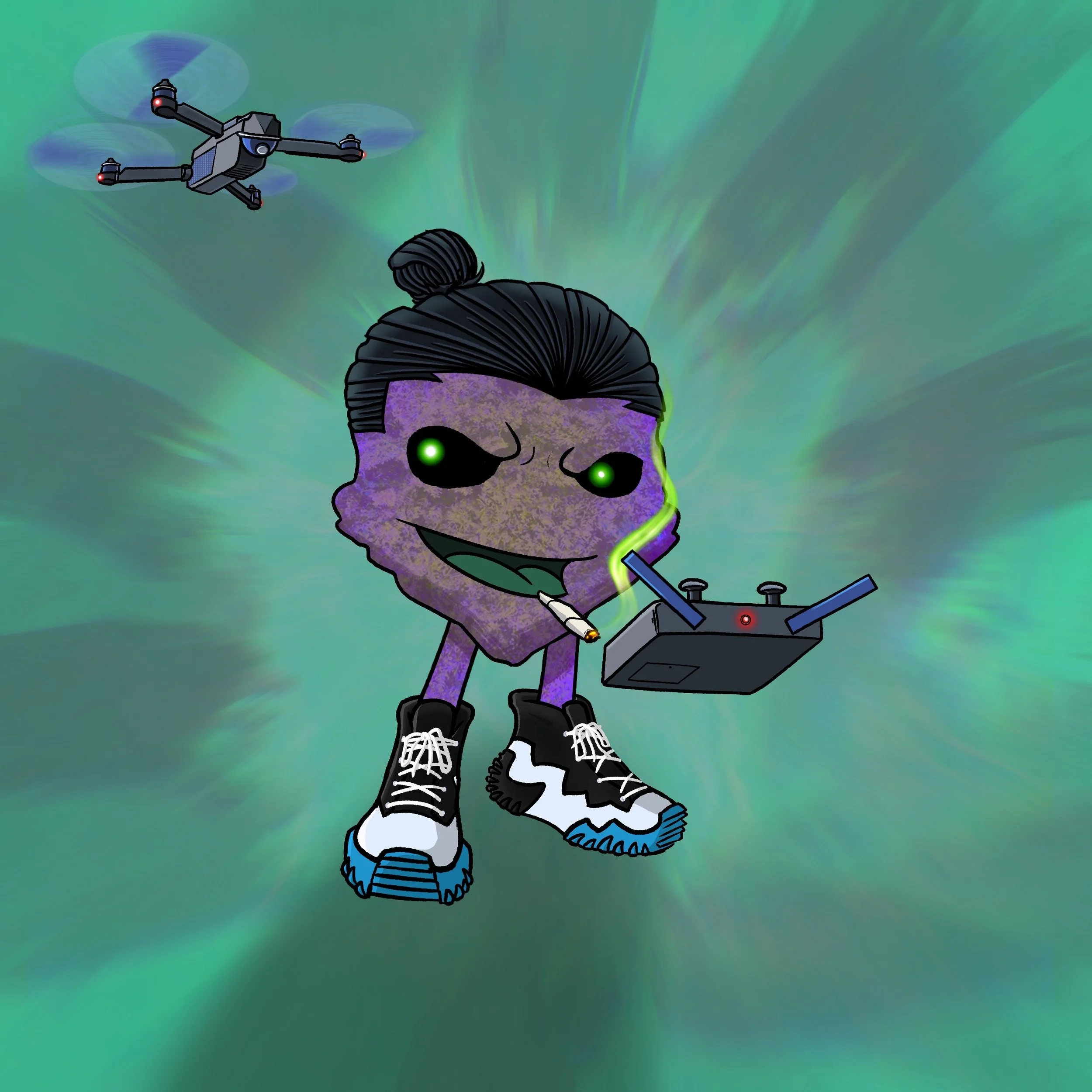 A cartoon purple alien with big black eyes and a purple textured face, wearing white shoes with black laces, stands against a greenish abstract background. The alien has a crown-like hairstyle and is holding a small gray drone or flying device with blue and red lights, which is hovering nearby.