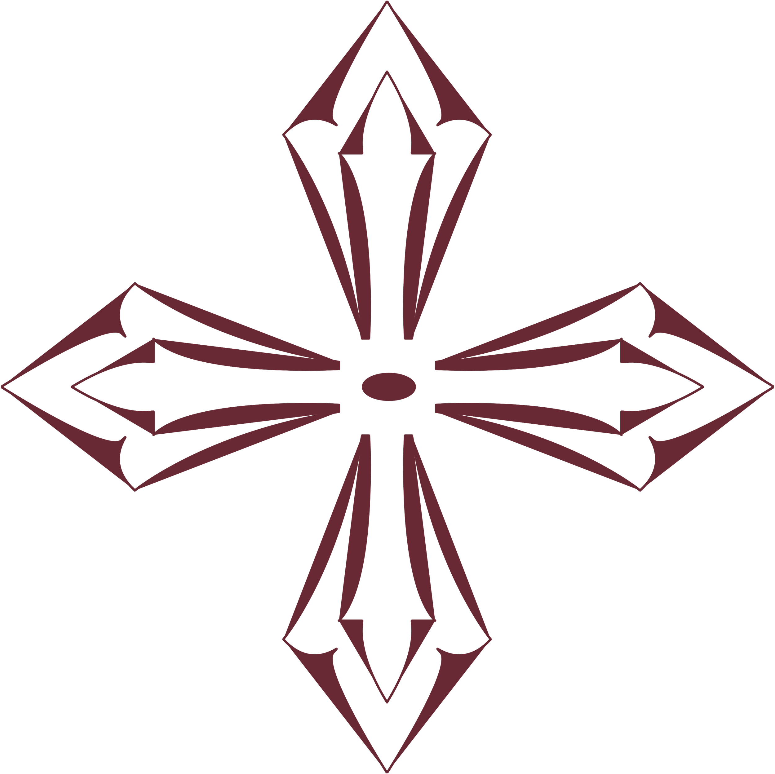 Dark red geometric diamond-shaped emblem with symmetrical sharp-edged design on a black background.
