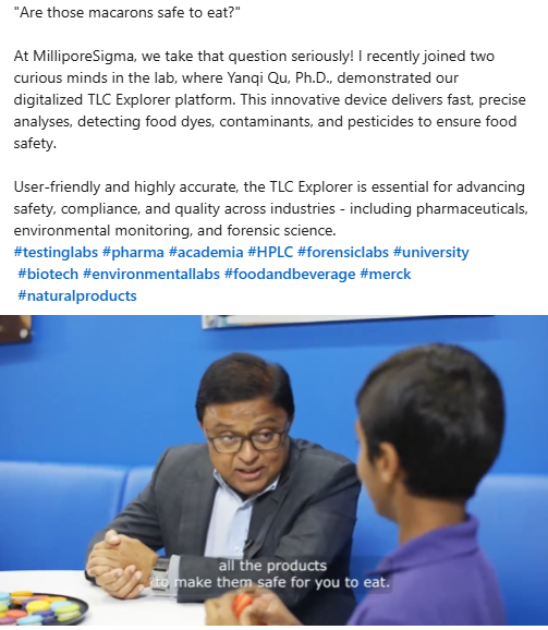 TLC Explorer:
A LinkedIn post I drafted promoting the TLC Explorer, highlighting food safety applications and the device’s role in rapid contaminant and pesticide analysis. Created for: MilliporeSigma