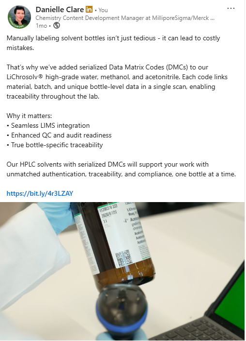 LiChrosolv Solvents with Serialized Data Matrix Codes for Enhanced Traceability:
LinkedIn promotional content highlighting LiChrosolv® solvent bottles with Digital Matrix Codes (DMCs) designed to support traceability, laboratory efficiency, and workf