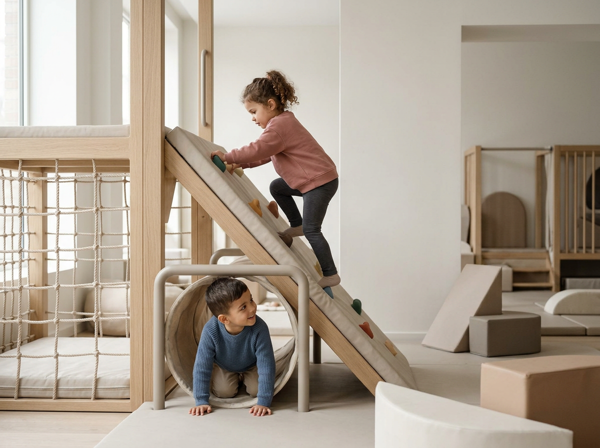 Two children playing on a wooden indoor playground with a climbing ramp and tunnel. The girl climbs the ramp while a boy crawls through the tunnel, both smiling.
