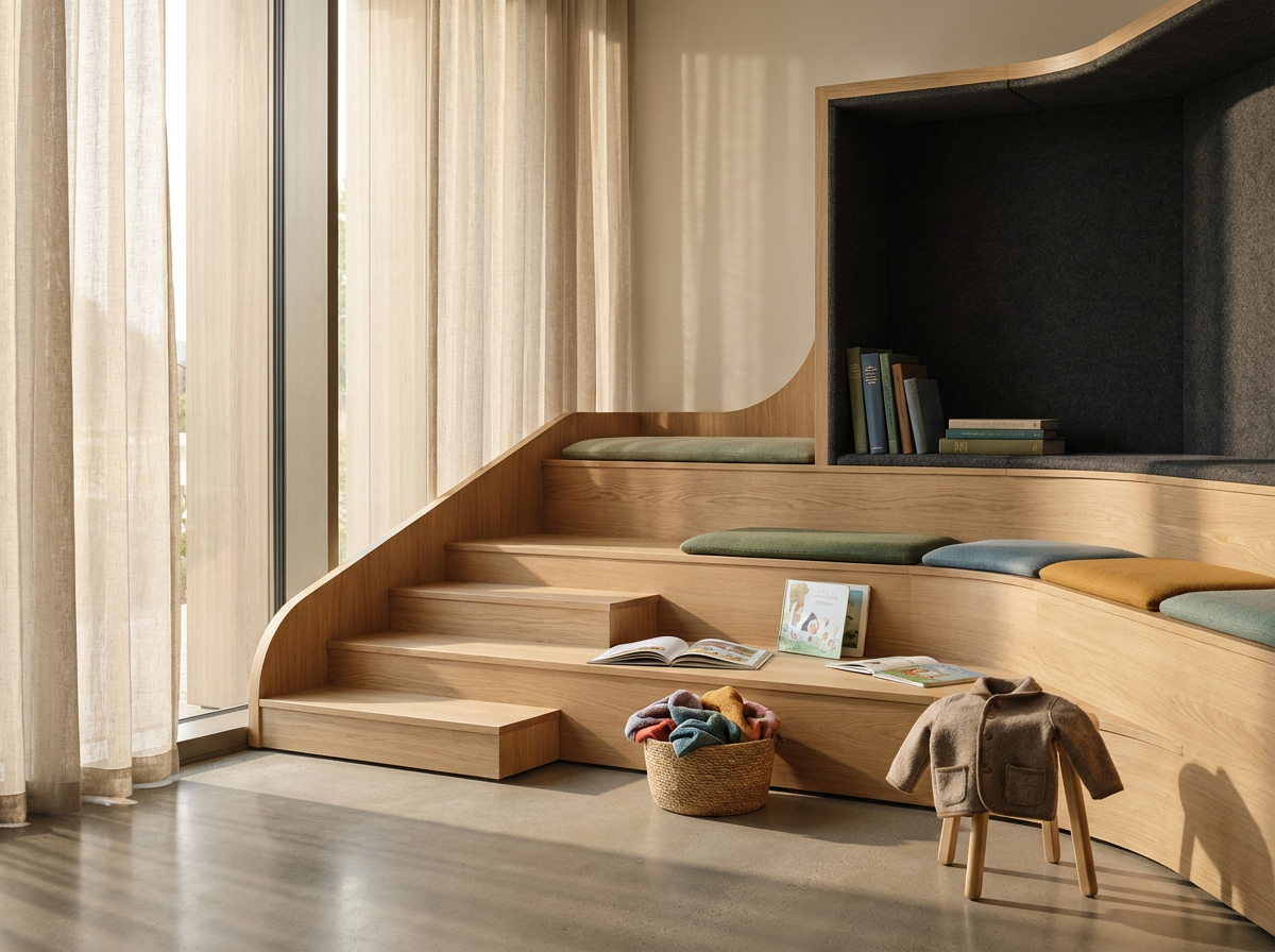 Interior of a modern reading nook with built-in wooden seating, cushions, books, and children’s toys near a window with sheer curtains.