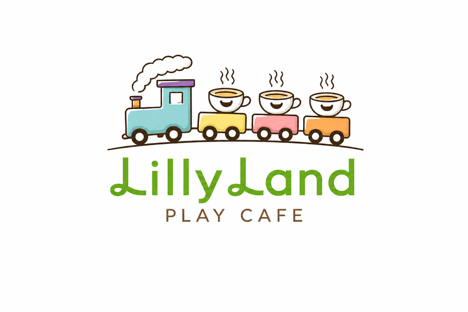 Cartoon illustration of a toy train with four cars, each carrying a steaming coffee cup with a smiling face. The train is blue with purple, yellow, pink, and orange cars. Below, the text reads 'Lilly Land PLAY CAFE' with 'Lilly Land' in green and 'PLAY CAFE' in brown.