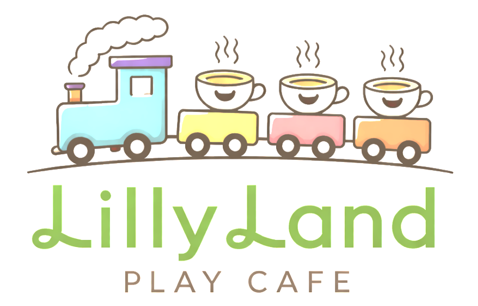 A cartoon train with a blue engine and three colorful cars, each carrying a steaming coffee cup with a smiling face, above the text 'Lilly Land Play Cafe' in green and brown.