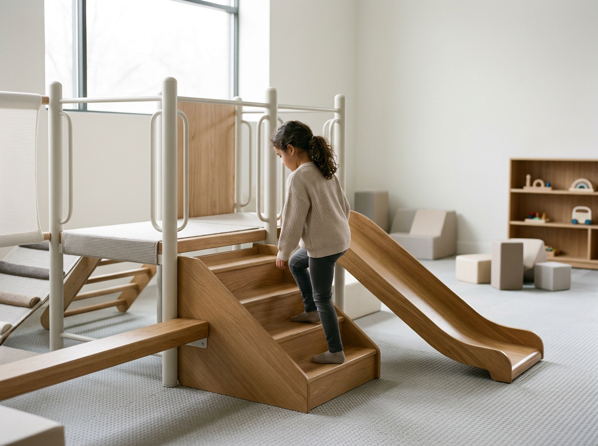 A young girl climbing wood stairs of an indoor play structure with a slide in a modern, minimalistic playroom.
