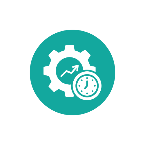 Icon of a gear with an arrow pointing upward inside, a clock indicating time, representing productivity, efficiency, or time management.