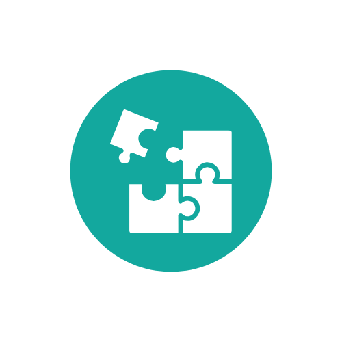 White puzzle pieces fitting together inside a teal circle.