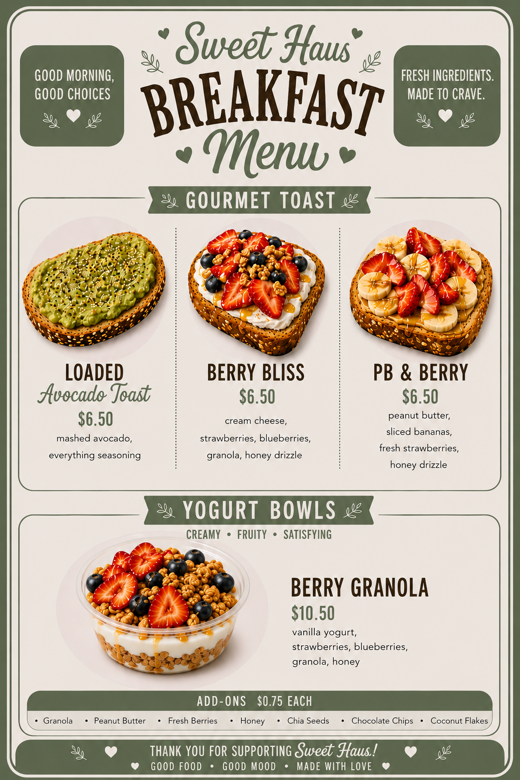 A breakfast menu with images of gourmet toasts and yogurt bowls. The toasts include Loaded Avocado Toast, Berry Bliss, and PB & Berry, each priced at $6.50. The yogurt bowl featured is Berry Granola, priced at $10.50. The menu highlights fresh ingredients and includes add-ons like granola and honey.