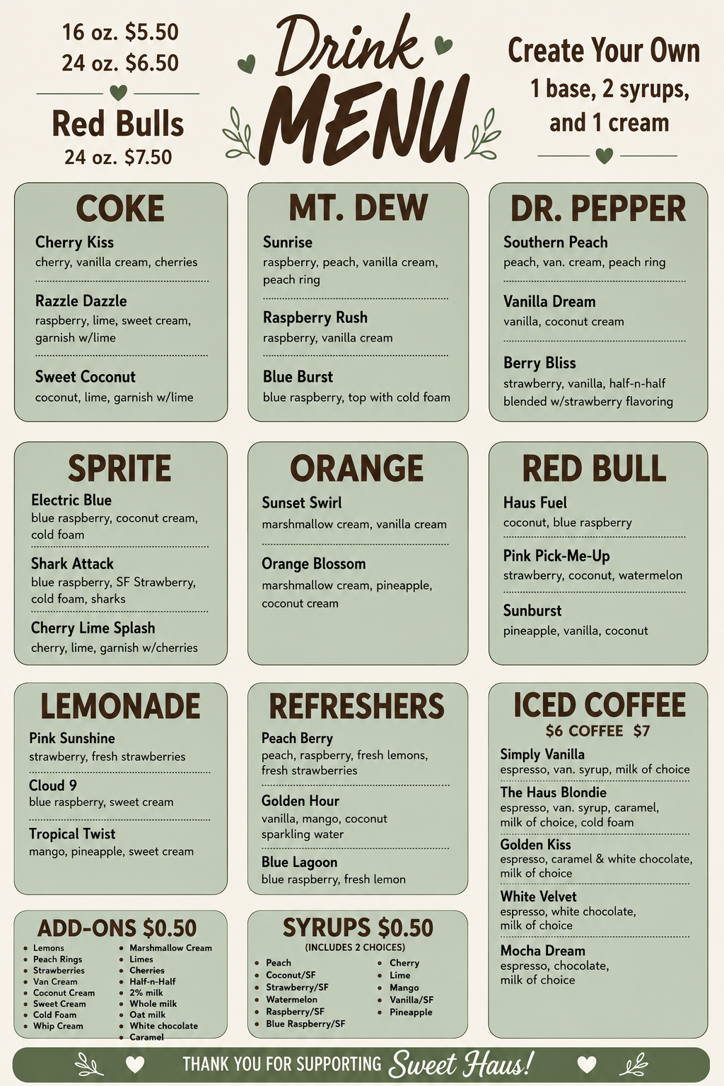 A colorful menu listing customizable drinks, including flavors like cherry, raspberry, peach, and tropical options, with prices and add-on options.