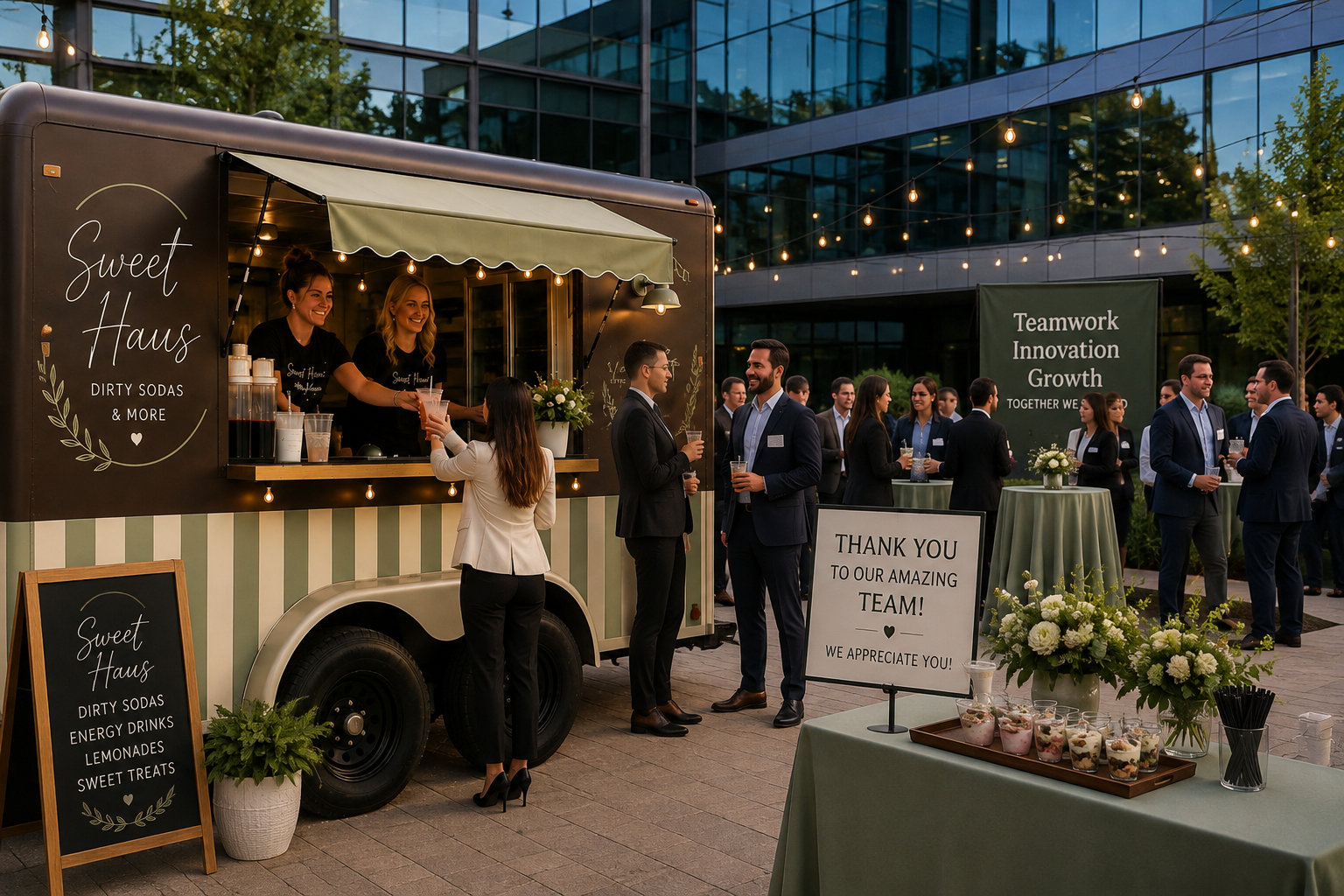 A professional outdoor event with a mobile food stand serving drinks, where people in business attire are socializing and enjoying refreshments. There are tables with flowers, a sign expressing appreciation for the team, and a large banner with words like 'Teamwork,' 'Innovation,' and 'Growth.'