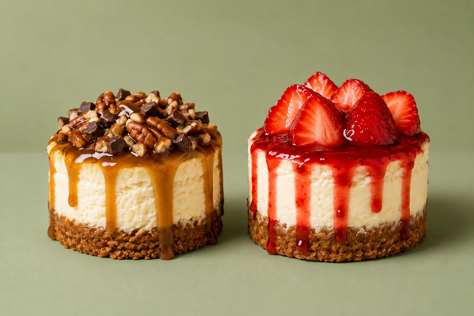 Two cheesecakes on a green background; one topped with caramel sauce and chocolate candies, the other with strawberry slices and strawberry sauce.