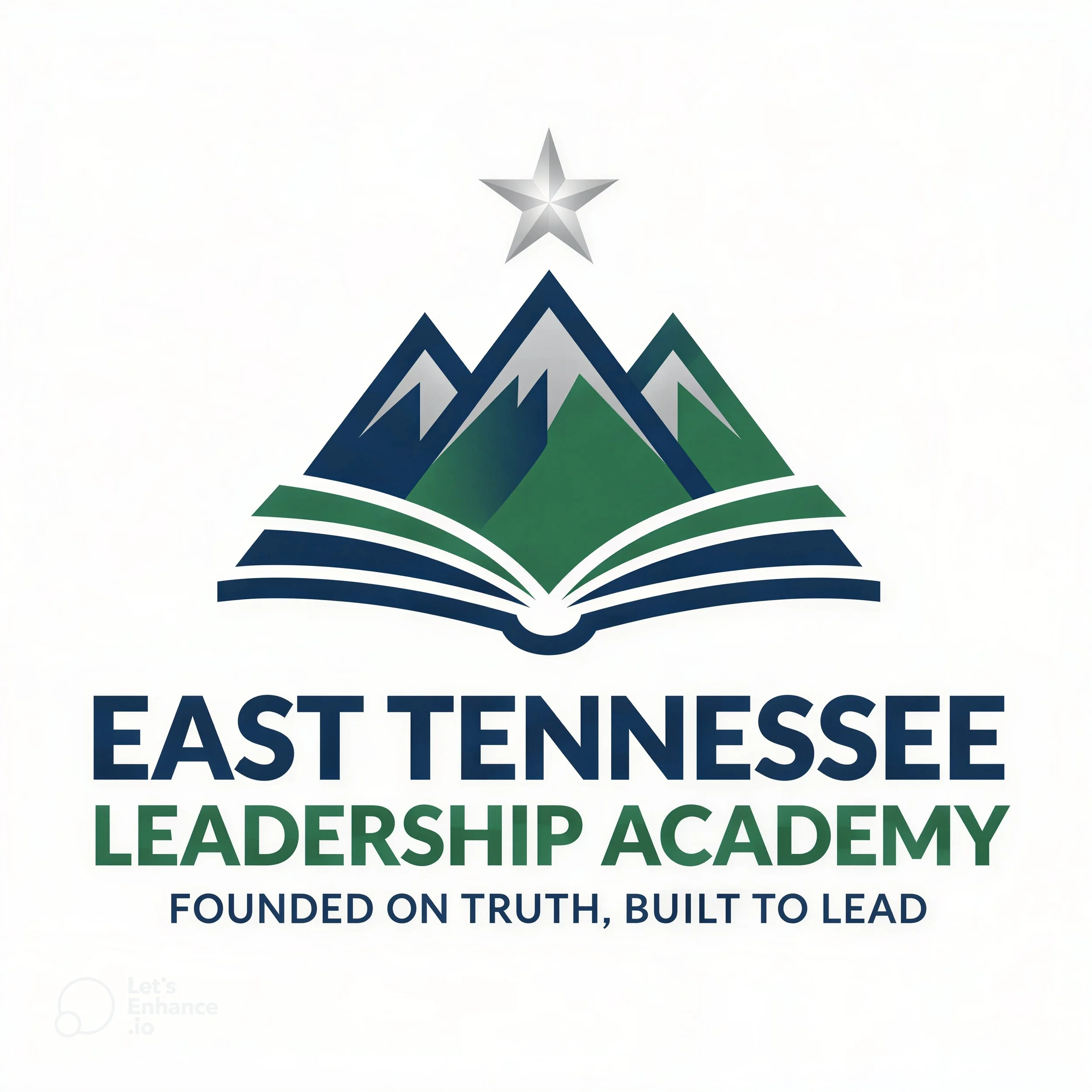 Black, blue, green, and gray mountain logo with a silver star on top, and the text 'East Tennessee Leadership Academy' below, with a subtitle 'Founded on truth, built to lead.'
