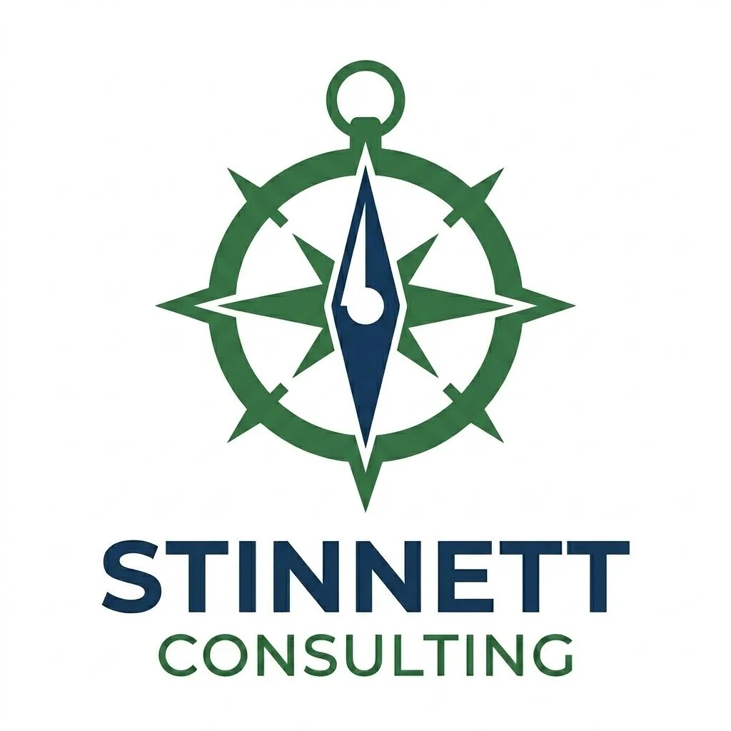 A logo featuring a stylized compass with green and blue elements, above the text 'STINNETT' in bold navy blue and 'CONSULTING' in green.