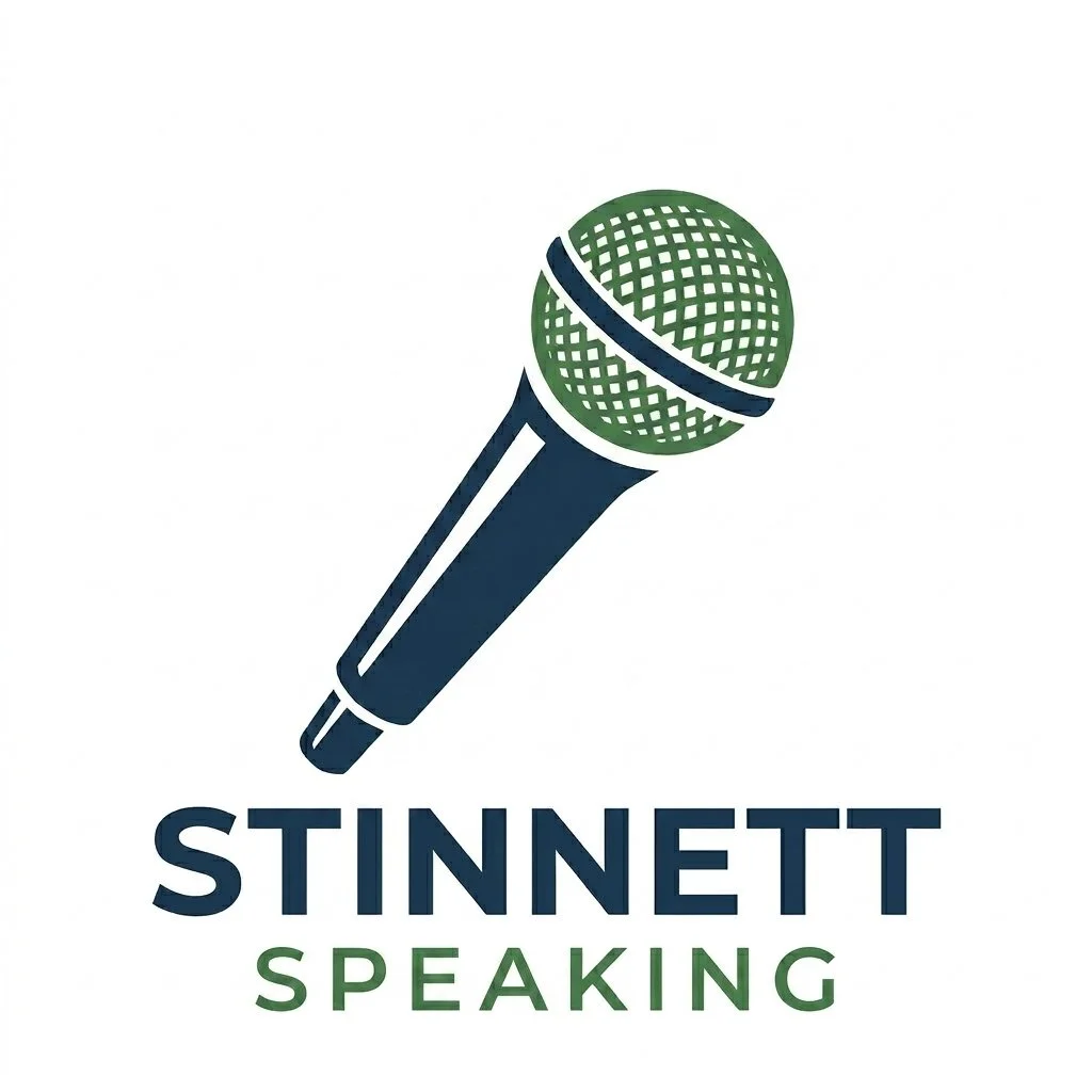 Logo featuring a microphone above the words 'Stinnett Speaking'.