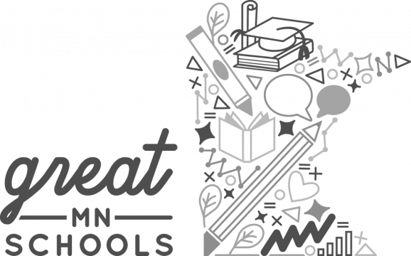 Illustration of education-related items such as a graduation cap, open book, pencil, ruler, and speech bubbles, along with the text "Great MN Schools".