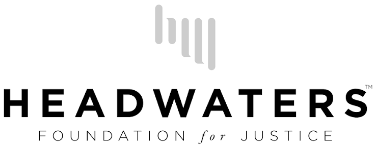 Headwaters Foundation for Justice logo with stylized water drop icon above the text.