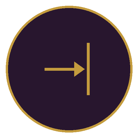 A circular clock with a gold border, showing the time as 9:00, with a purple background and gold clock hands.