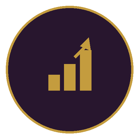 Gold and black circular icon with a rising bar graph and upward arrow in the center.